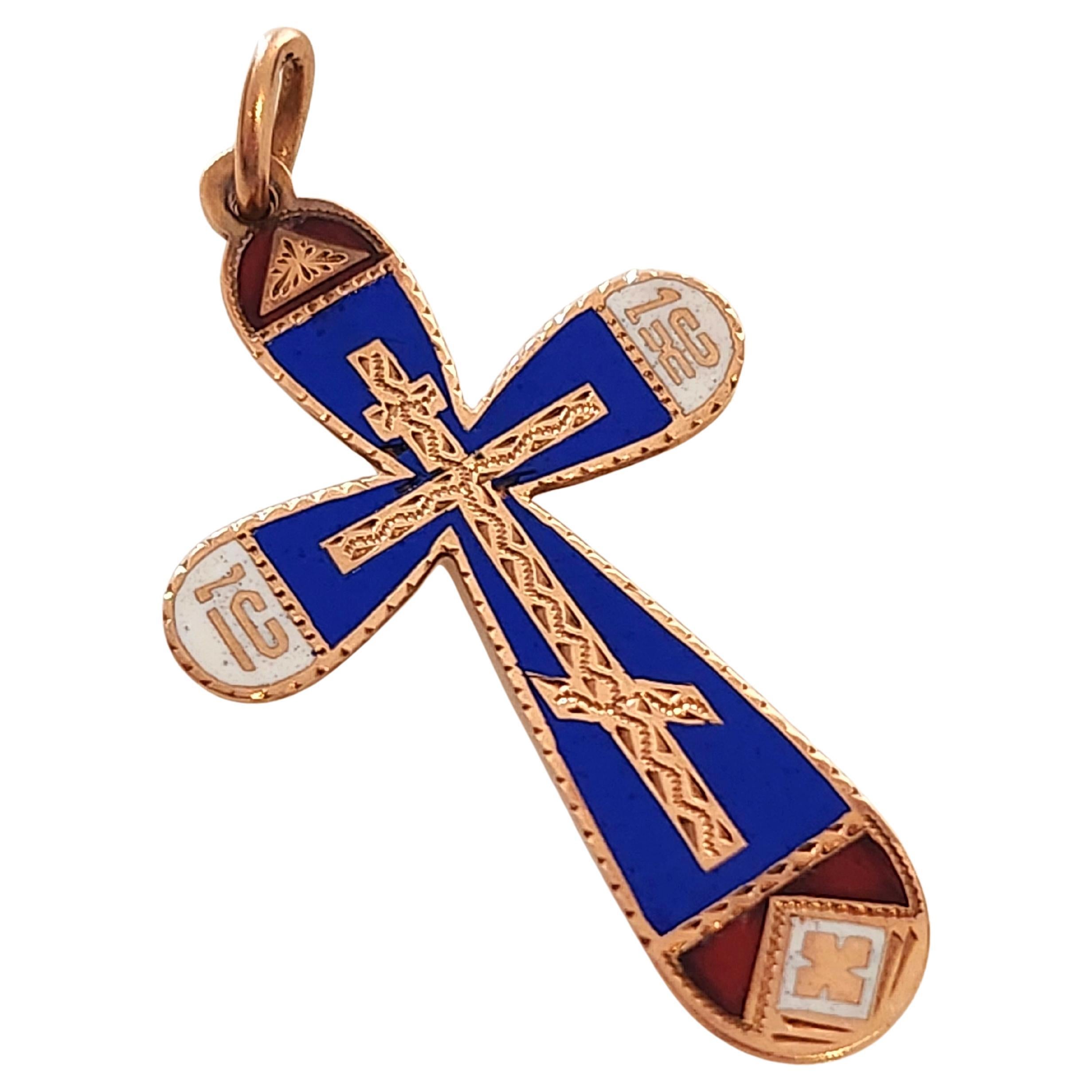 Antique 1850s Enamel Russian Gold Cross Pendant