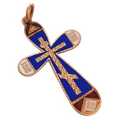 Antique 1850s Enamel Russian Gold Cross Pendant