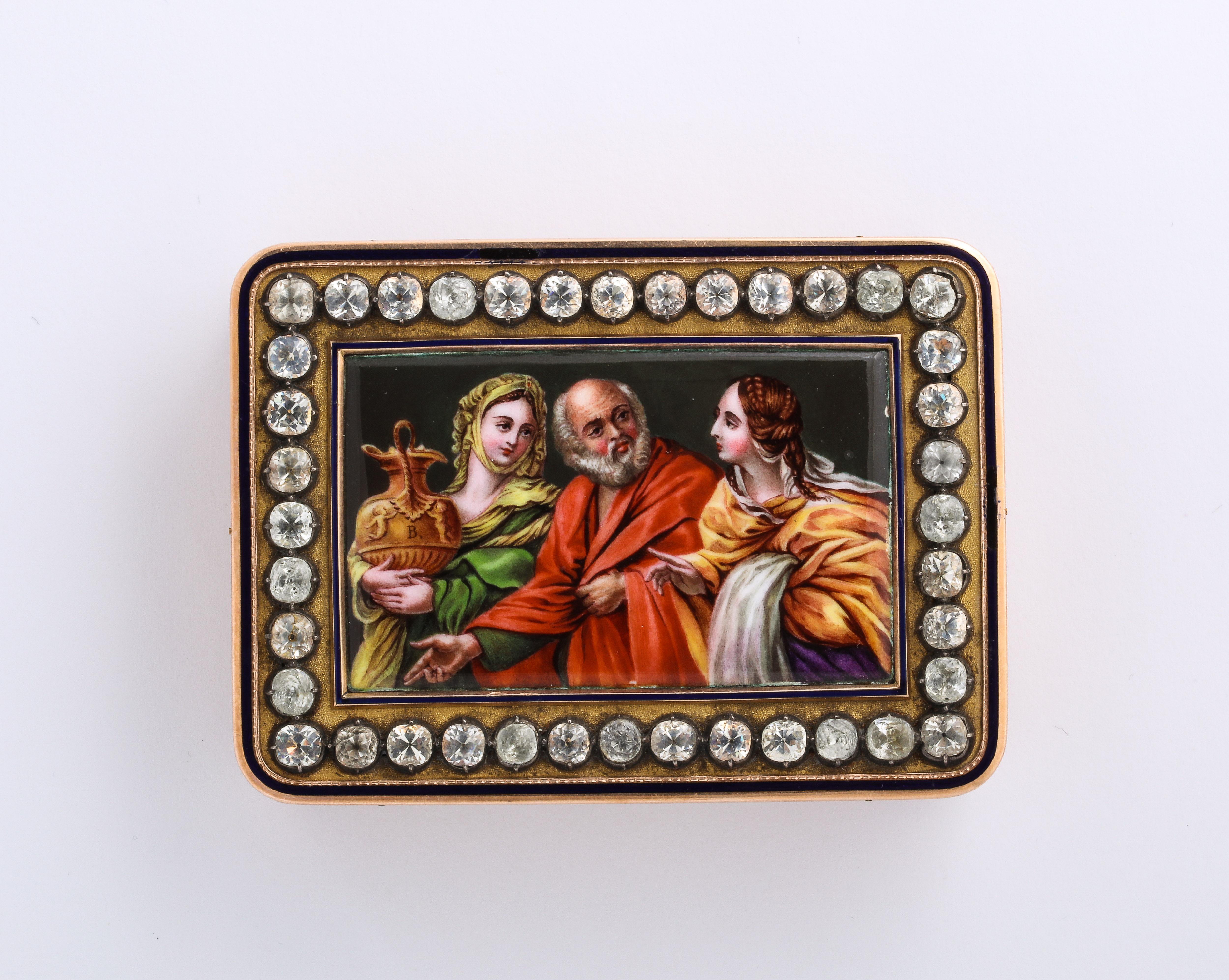 1850's French/Swiss Gold Enamel Box, with hallmarks and hand painted enameled old master painting.  Adorned with Paste Diamond all around.  

Stunning hand chased work throughout adorned with enameling as well.
 
18k Gold
Total weight: 200 Grams 
3