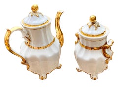 Antique 1850's Limoges Coffee Pot & Lidded Sugar Bowl Gold Squash Blossom