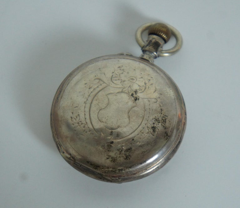 19th Century Antique 1850s Open Face Remontoir 800 Silver Pocket Watch 10 Rubis Glass Display For Sale