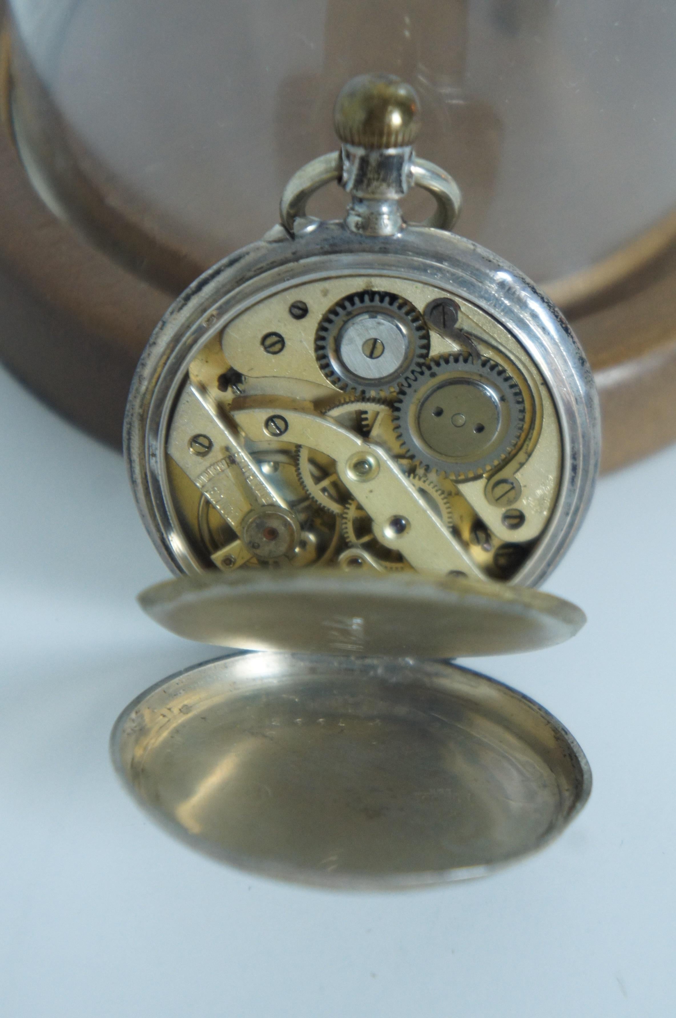 19th Century Antique 1850s Open Face Remontoir 800 Silver Pocket Watch 10 Rubis Glass Display For Sale