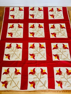Antique 1850s Turkey Red Tulip Appliqué Quilt, Hand Quilted