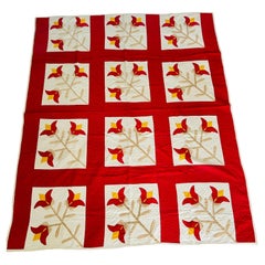 Antique 1850s Turkey Red Tulip Appliqué Quilt, Hand Quilted