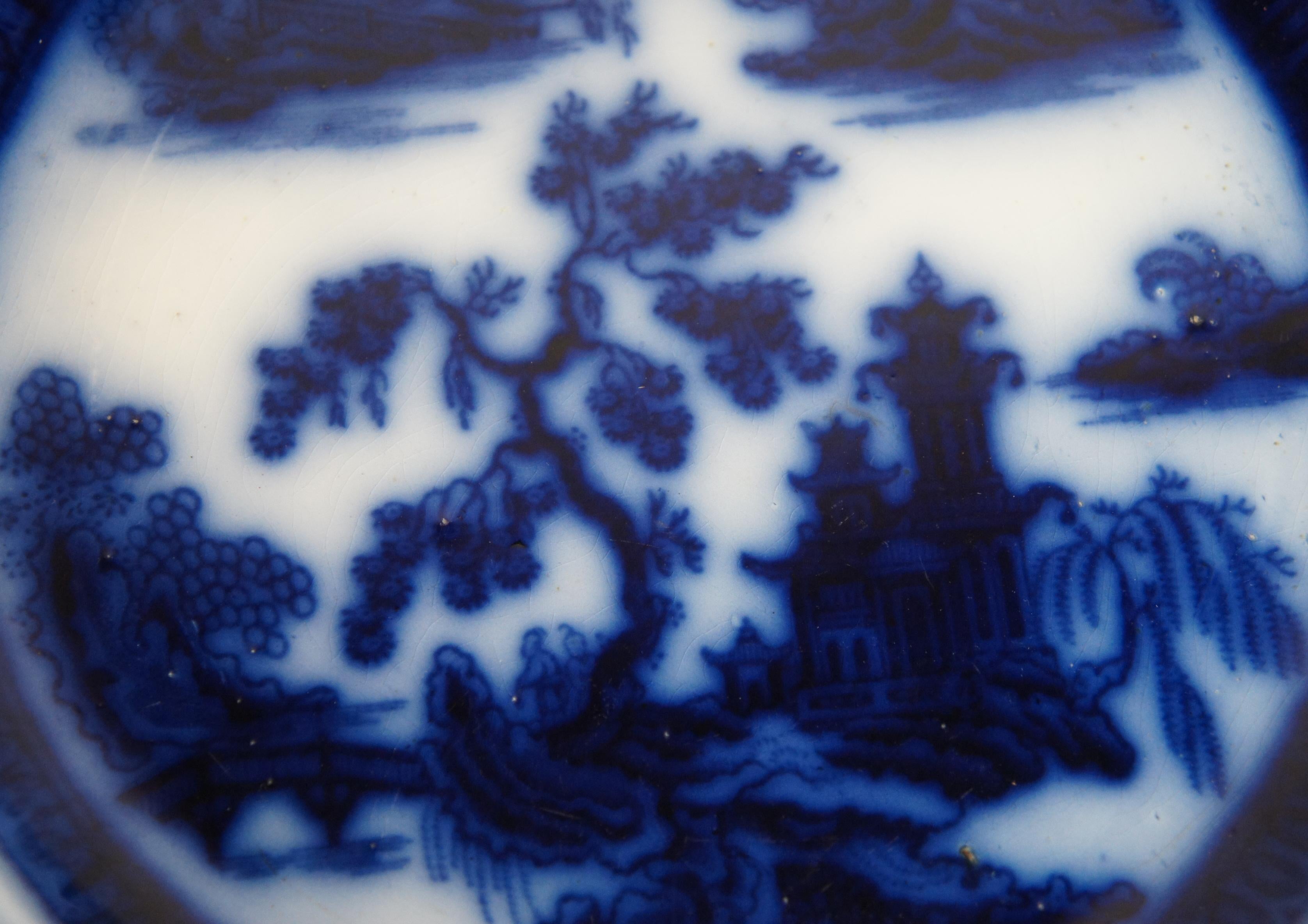 Chinoiserie Antique 1850s Wedgwood Ironstone Chapoo Oriental Pagoda Flow Blue Plate Dish