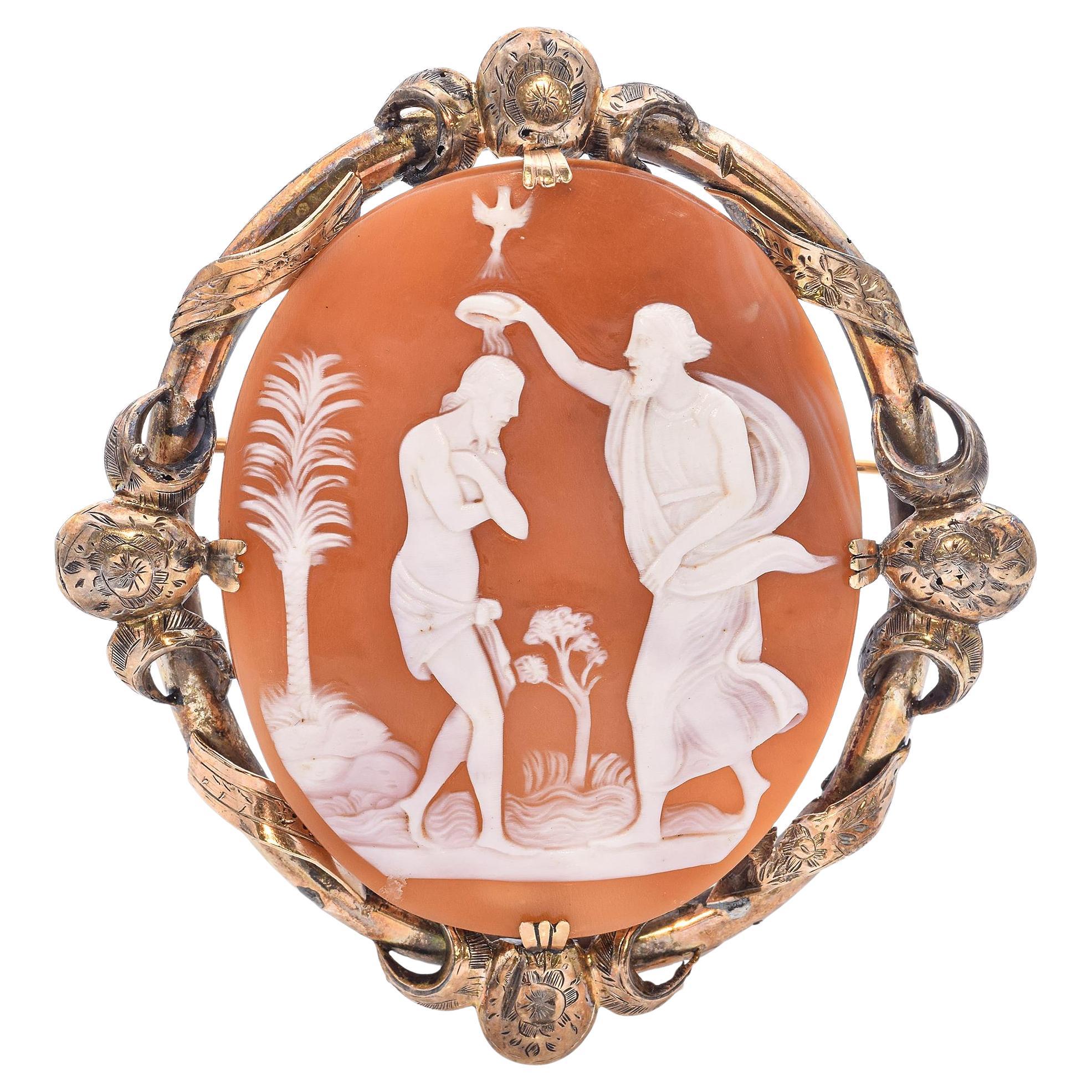 Antique 1850s Yellow Gold "St John the Baptist with Jesus" Cameo Brooch
