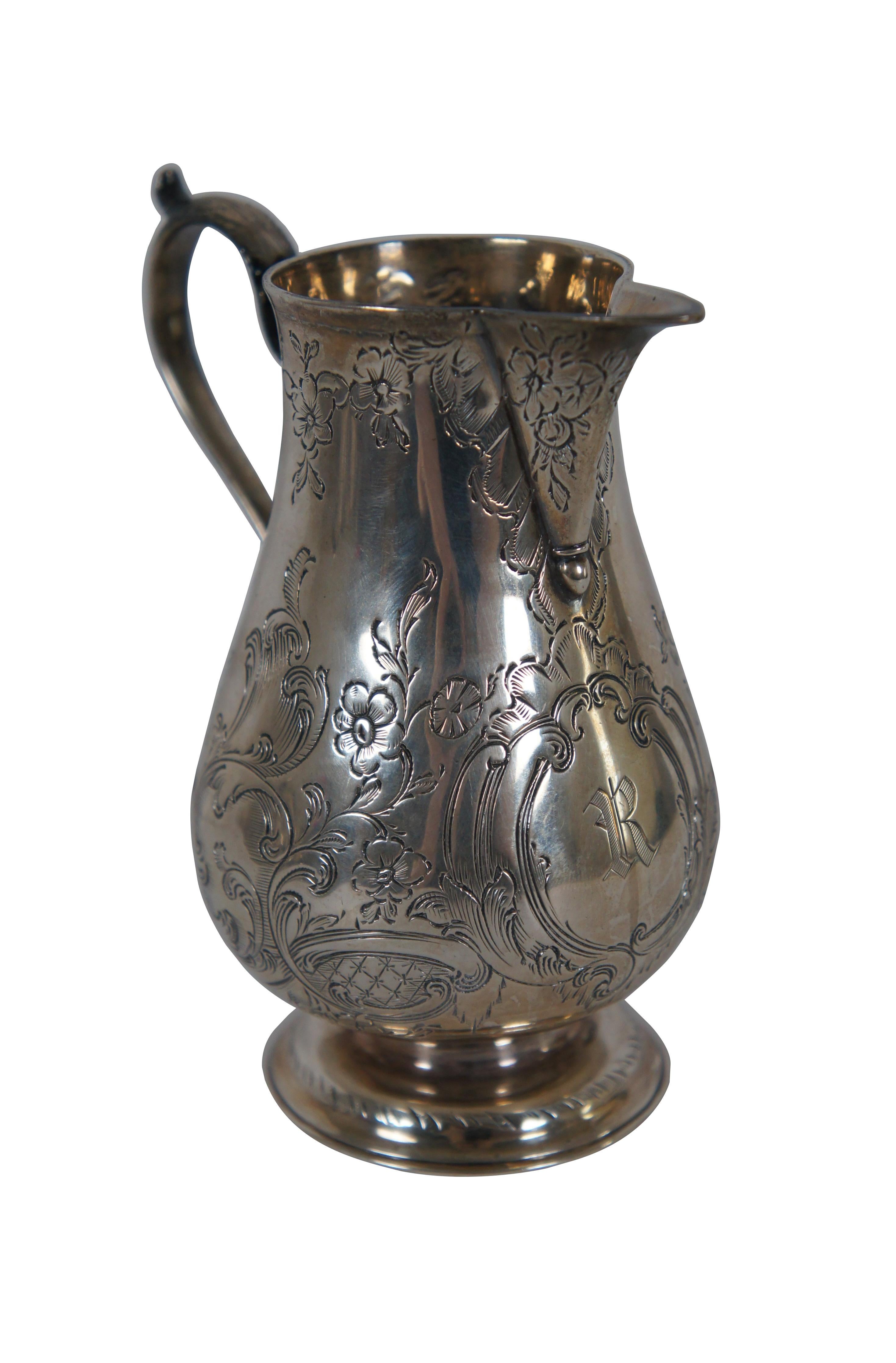 Antique Victorian era sterling silver cream pitcher, etched with swirling leaves and flowers. Monogrammed with the initial R. Made in 1851 by London silversmith George Frederick Pinnell. Weight 186.2 g.