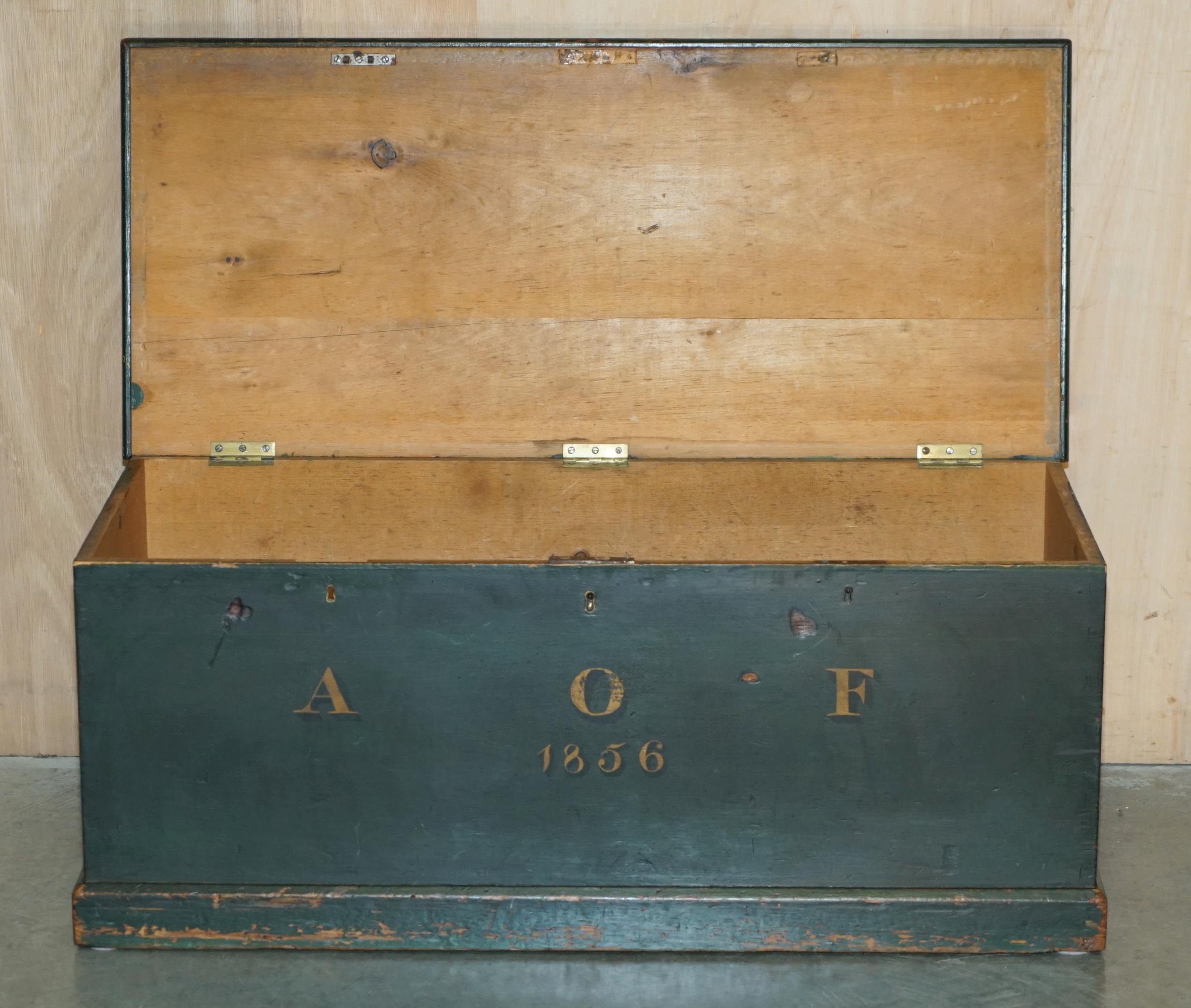 ANTIQUE 1856 DATED HAND PAiNTED GREEN TRUNK CHEST IN PINE FROM AUSTRIA 11