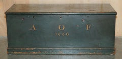 ANTIQUE 1856 DATED HAND PAiNTED GREEN TRUNK CHEST IN PINE FROM AUSTRIA