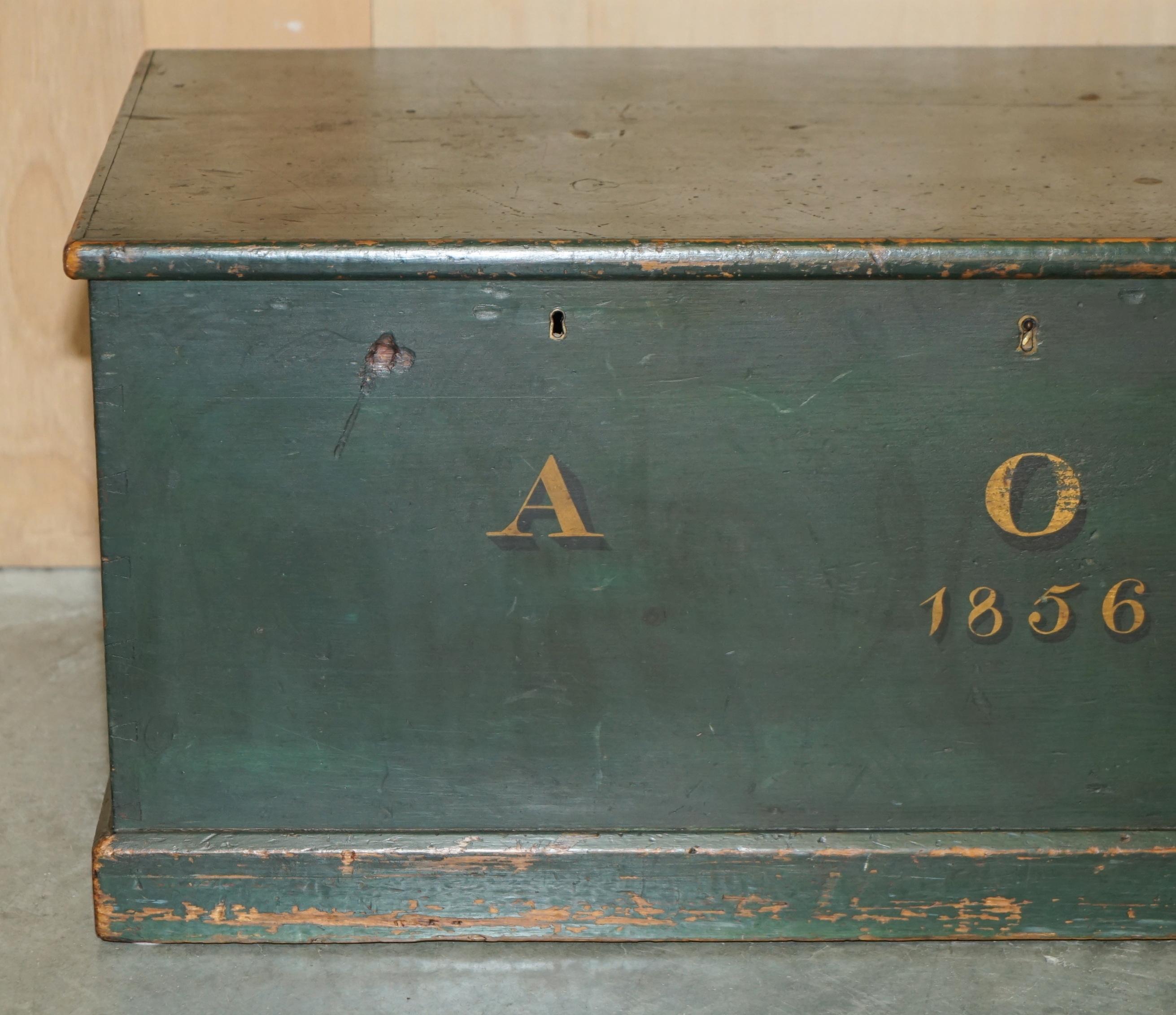 Early Victorian ANTIQUE 1856 DATED HAND PAiNTED GREEN TRUNK CHEST IN PINE FROM AUSTRIA