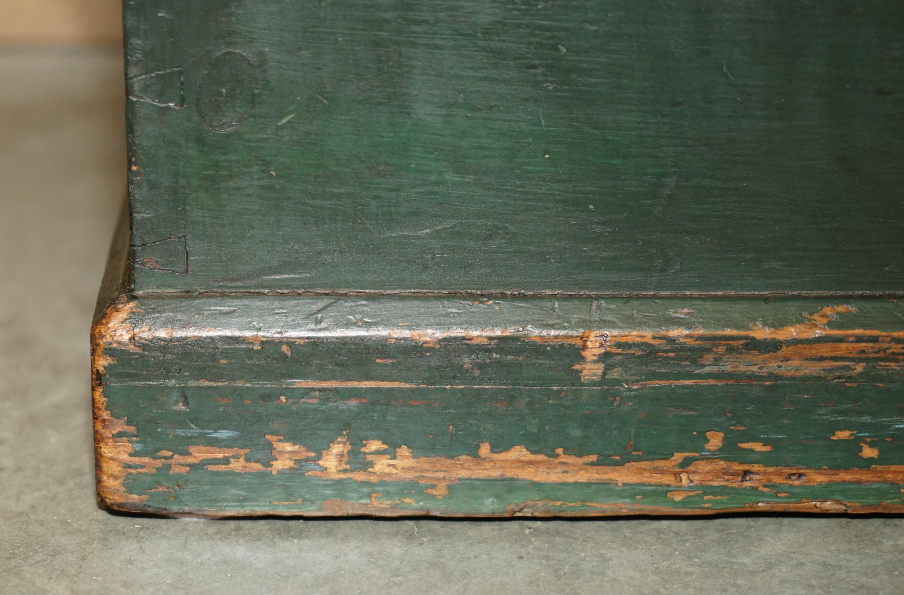 Pine ANTIQUE 1856 DATED HAND PAiNTED GREEN TRUNK CHEST IN PINE FROM AUSTRIA