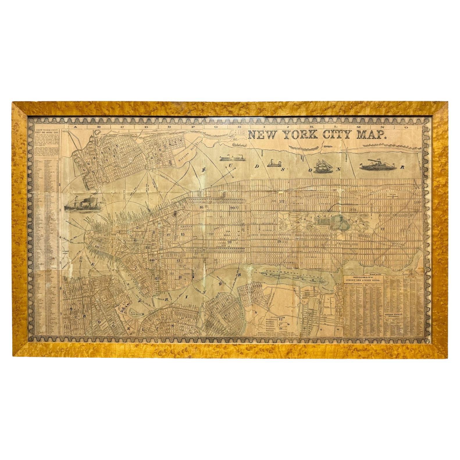 Ancienne carte de la ville de New York de 1857 par Humphrey Phelps, encadrée dans du bois d'ébène en vente