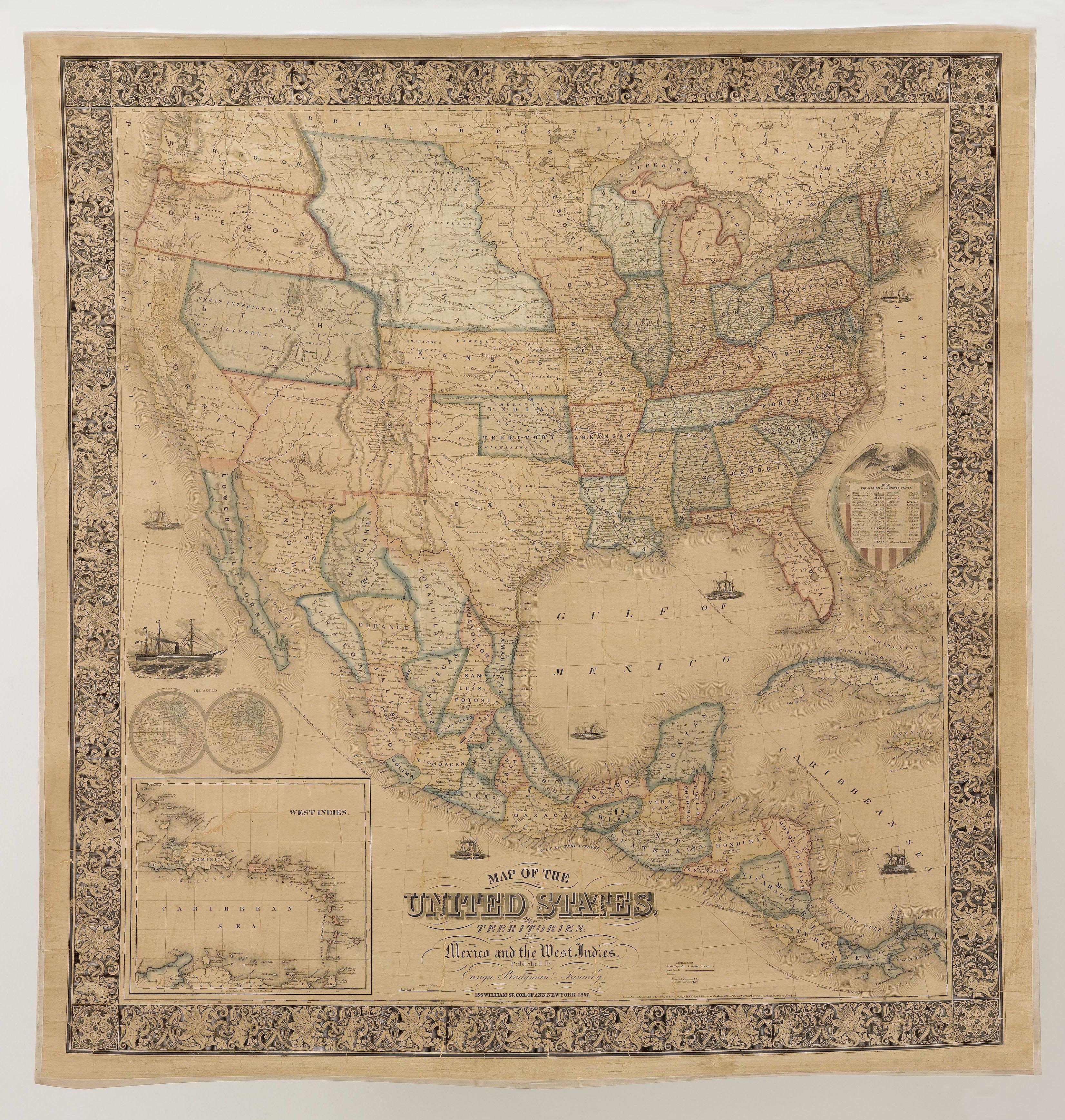Presented is a scarce American wall map of the United States and Mexico issued by Ensign, Bridgman, and Fanning in 1857. As the title suggests, the map covers all of the United States, as well Mexico, Cuba, and Central America as far as Panama.