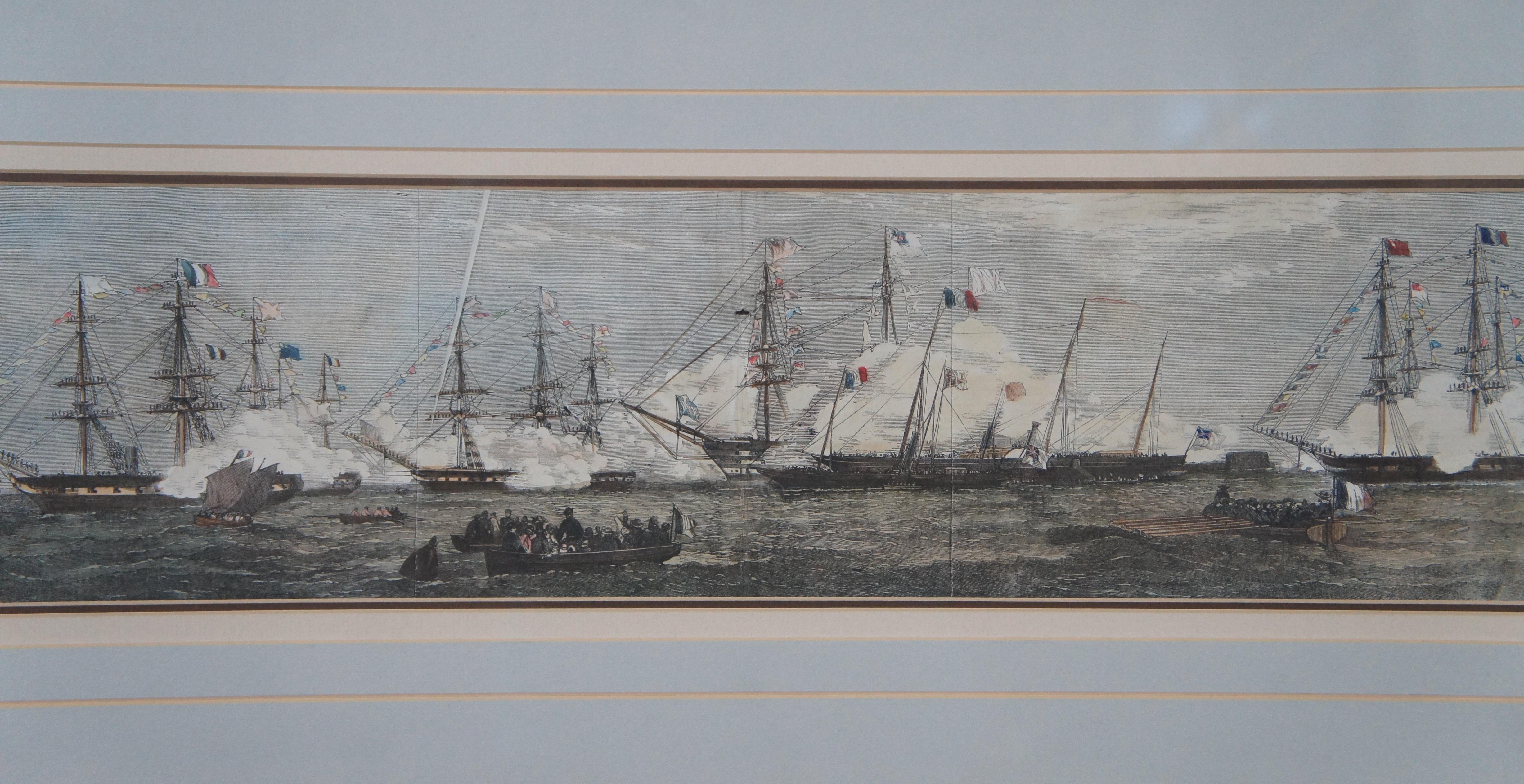 Paper Antique 1858 London News Fetes Cherbourg Queen Victoria Maritime Engraving 27
