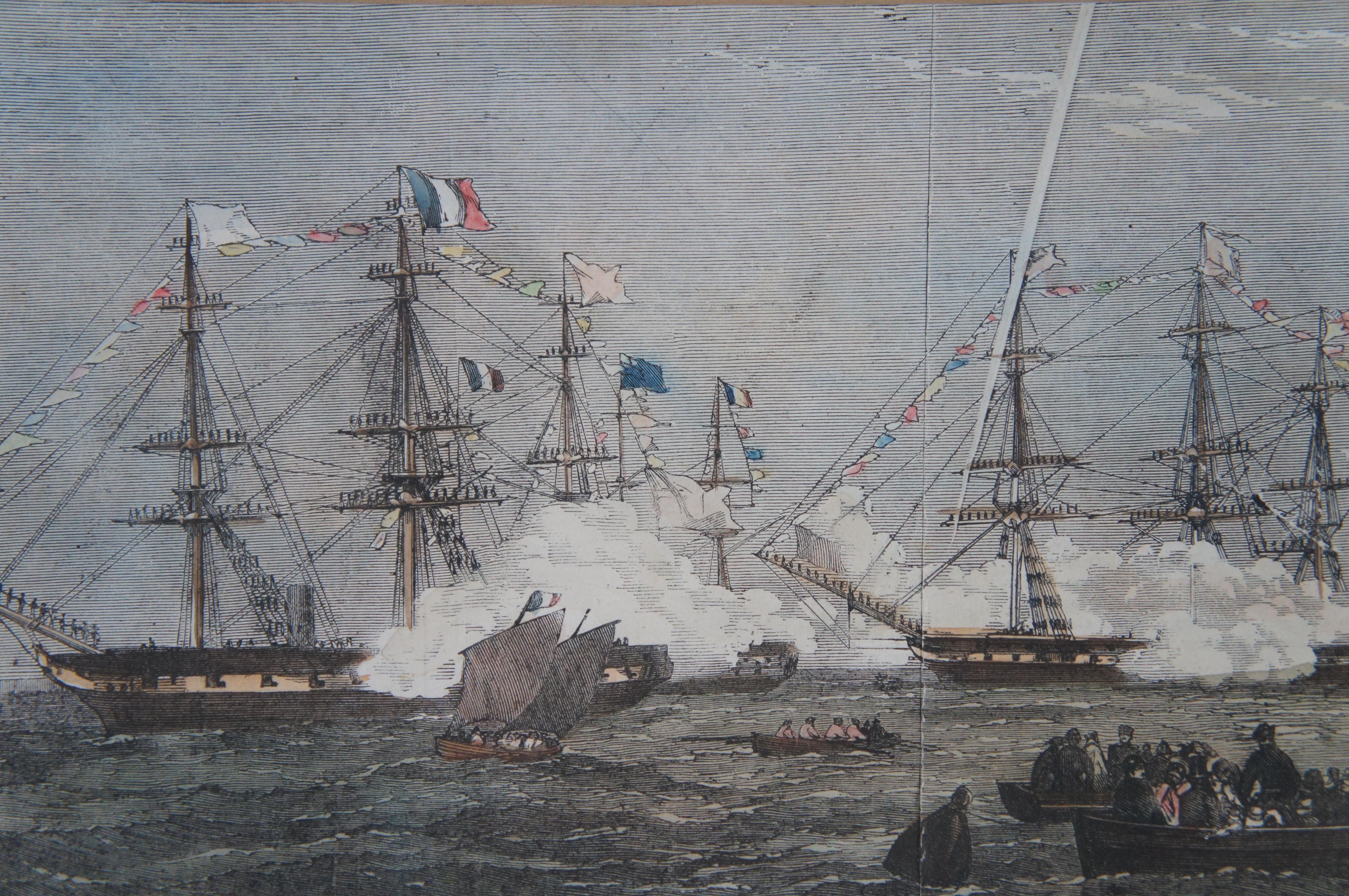 Antike 1858 London News Fetes Cherbourg Queen Victoria Maritime Gravur 27