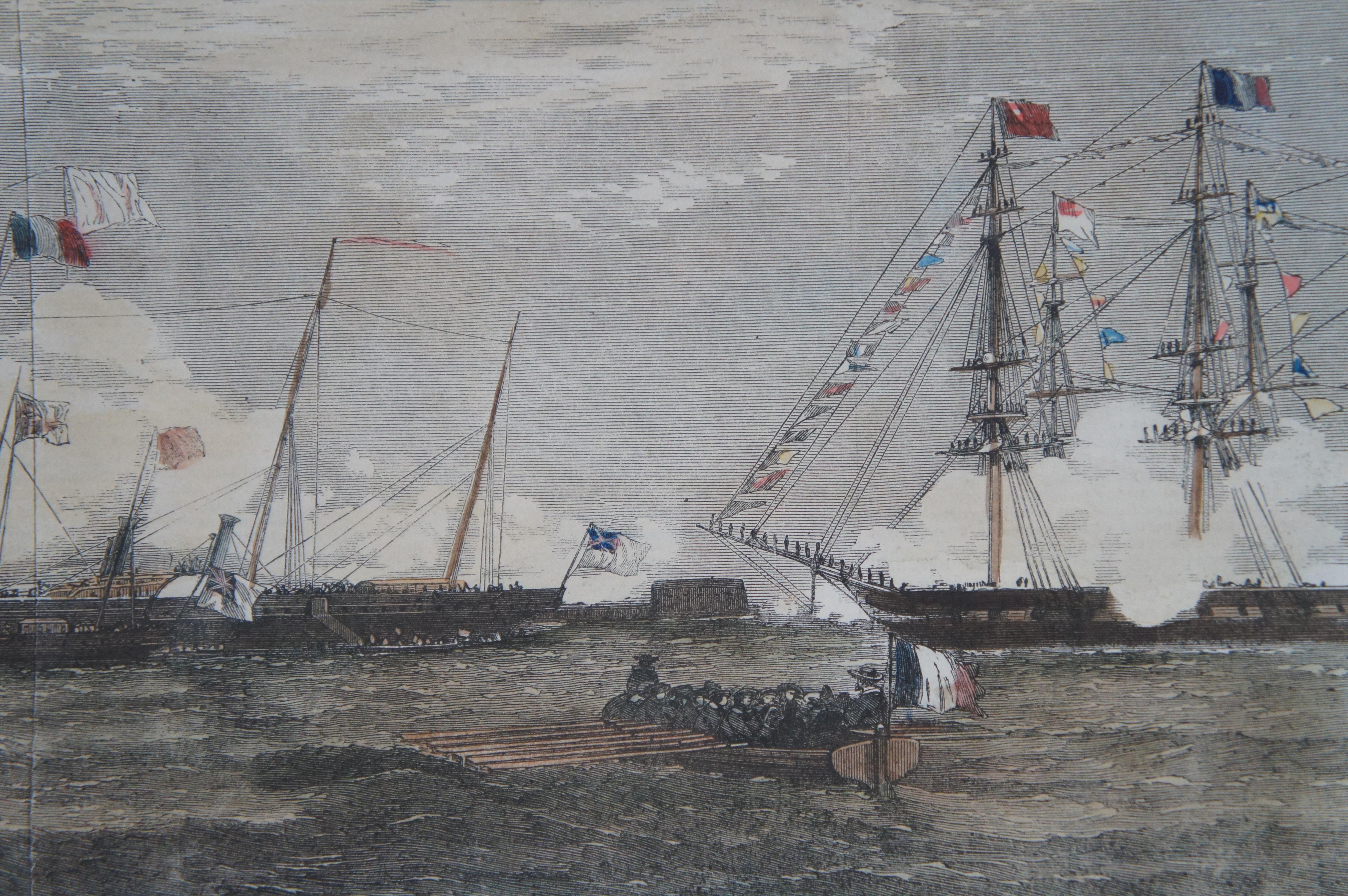 Antique 1858 London News Fetes Cherbourg Queen Victoria Maritime Engraving 27