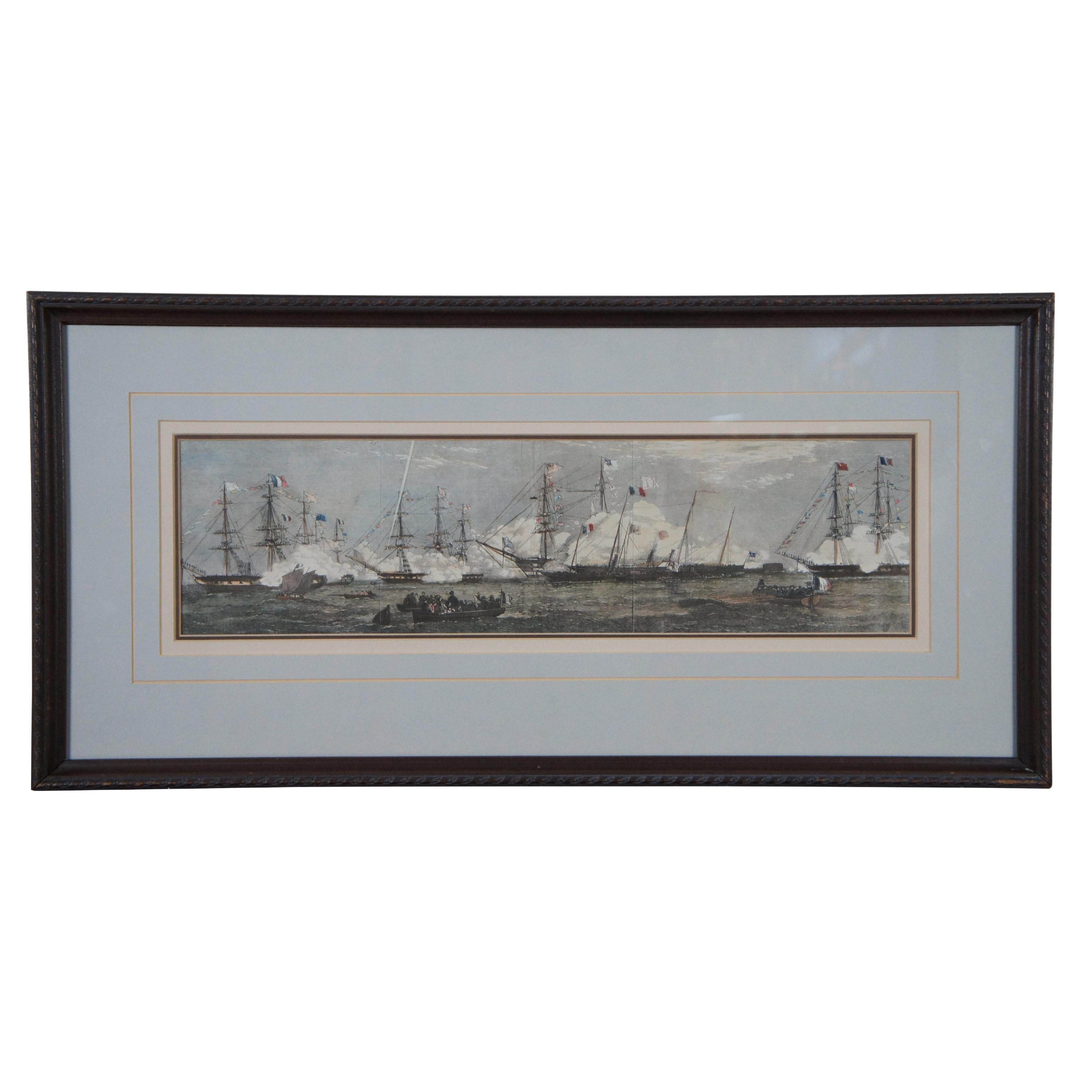 Antike 1858 London News Fetes Cherbourg Queen Victoria Maritime Gravur 27" im Angebot