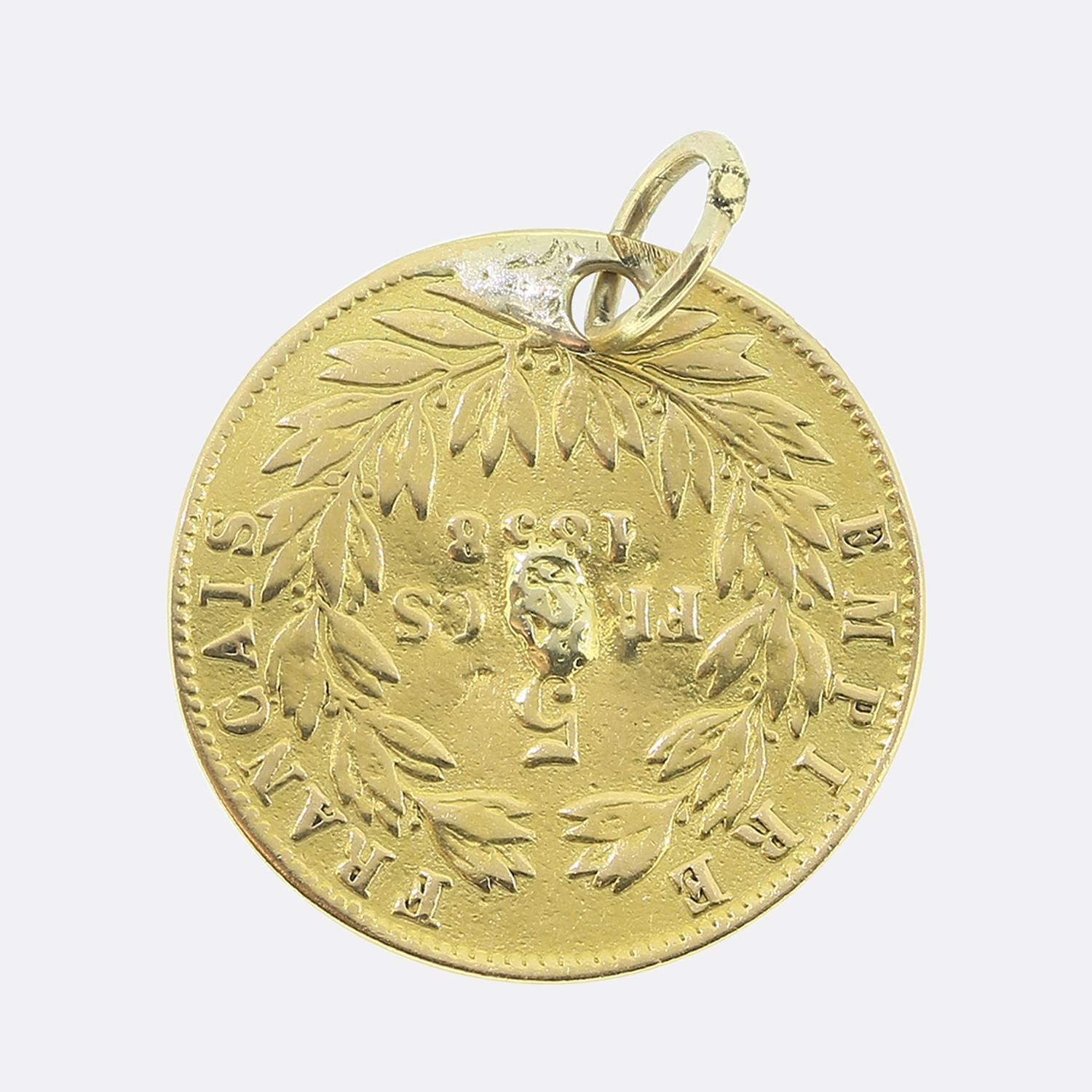 Here we have a distinctive Victorian charm come pendant featuring an intricate design of Napoleon III. Crafted from 22ct yellow gold, this piece showcases a detailed profile of the emperor, surrounded by the inscription 'NAPOLEON III EMPEREUR'. On