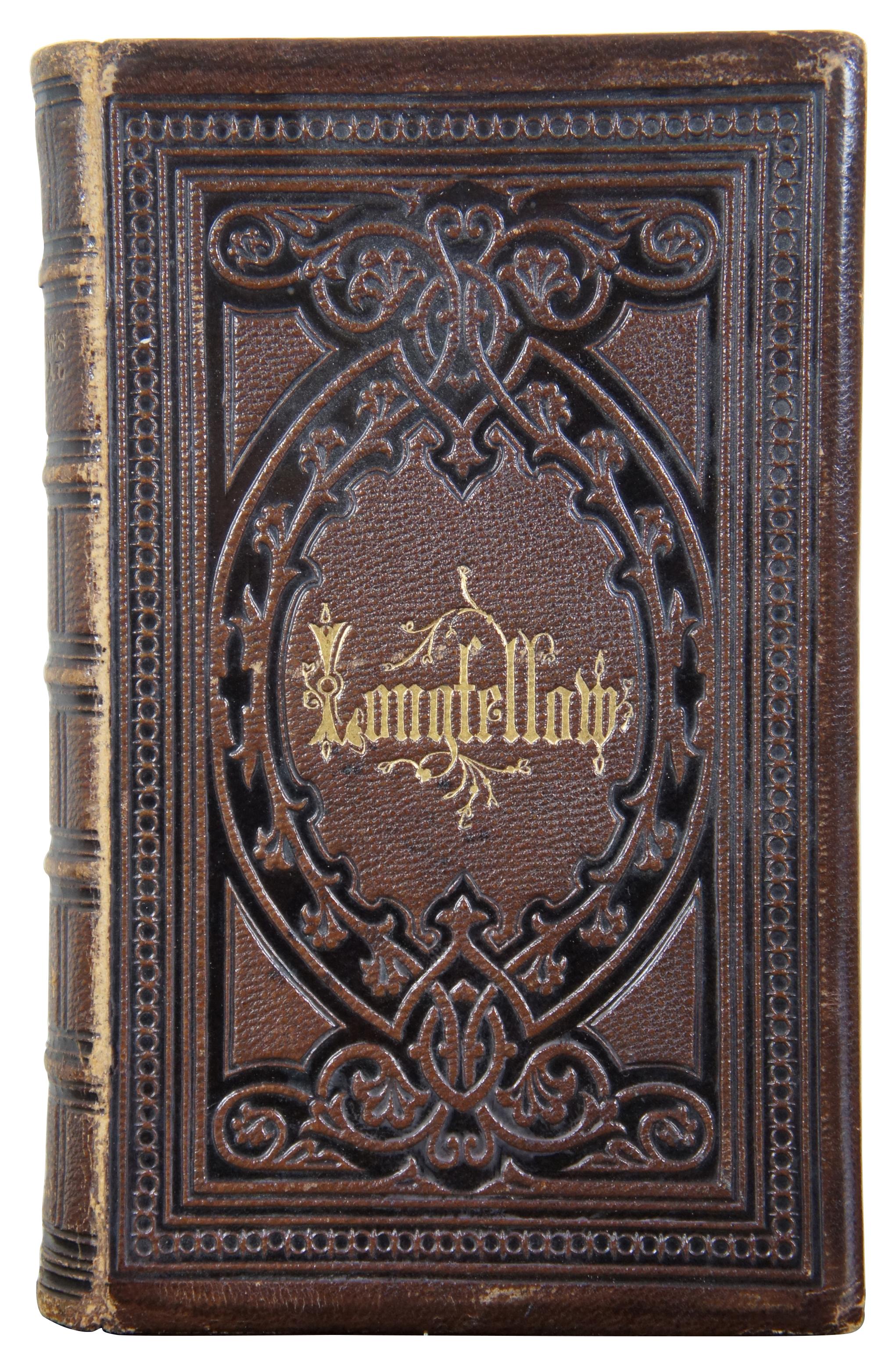 Antique embossed leather bound copy of the Poetical Works of Henry Wadsworth Longfellow, published by T. Nelson & Sons, London in 1859. Complete with illustrations and a hand signed note from 1860. Measure: 7