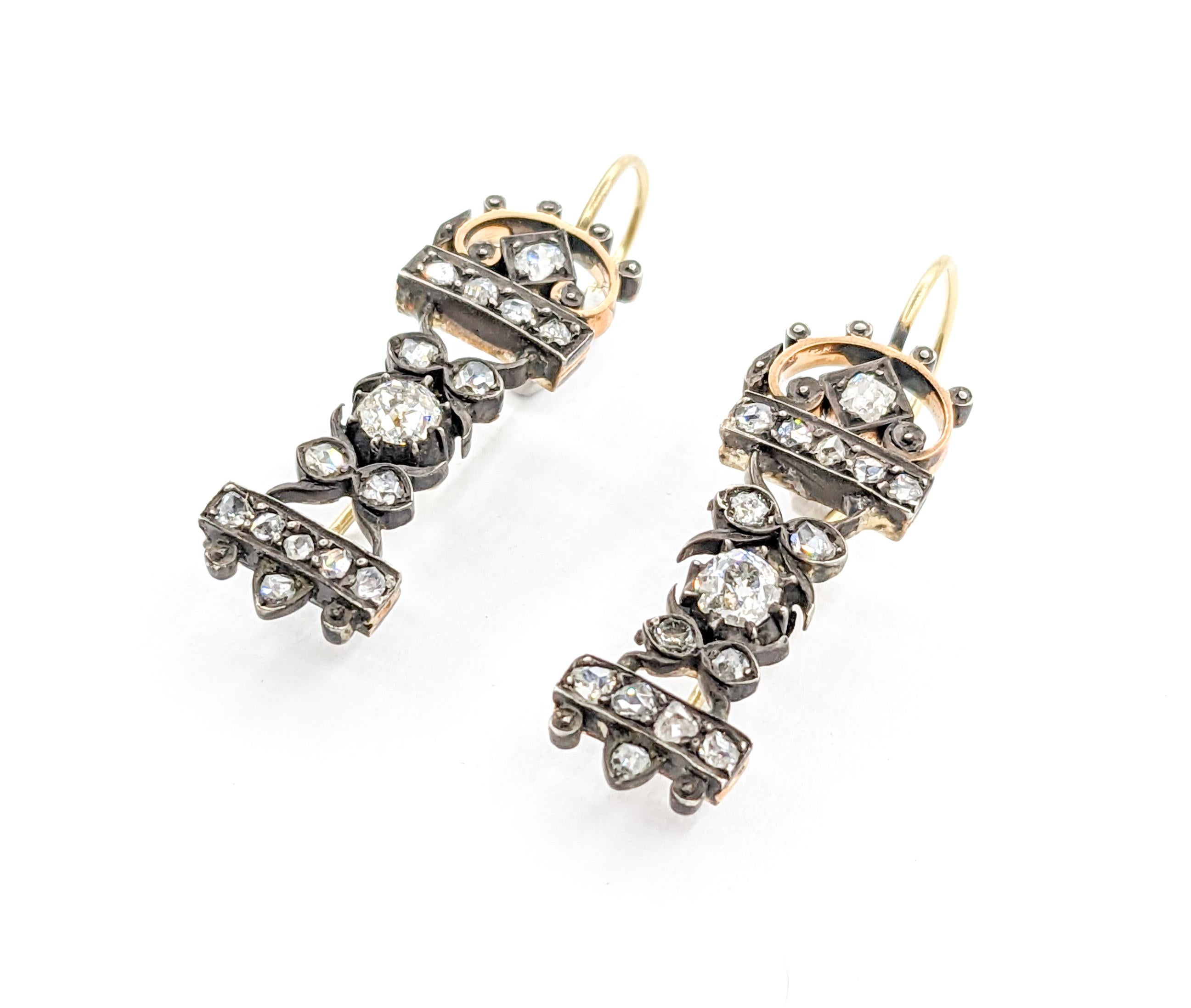 Rose Cut Antique 1.85ctw Diamond Earrings In 14kt Gold & Sterling silver For Sale