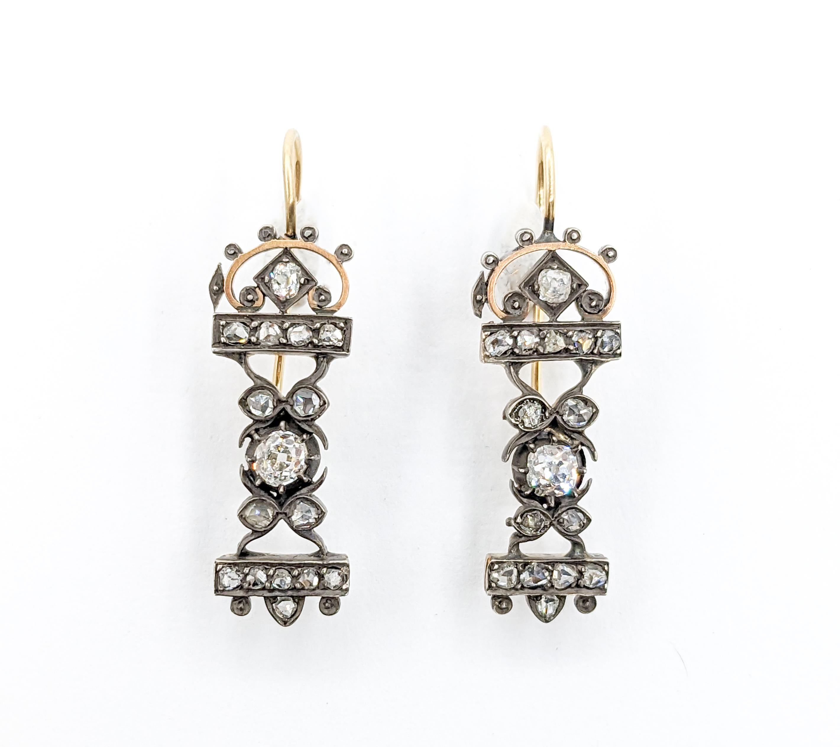 Antique 1.85ctw Diamond Earrings In 14kt Gold & Sterling silver In Excellent Condition For Sale In Bloomington, MN