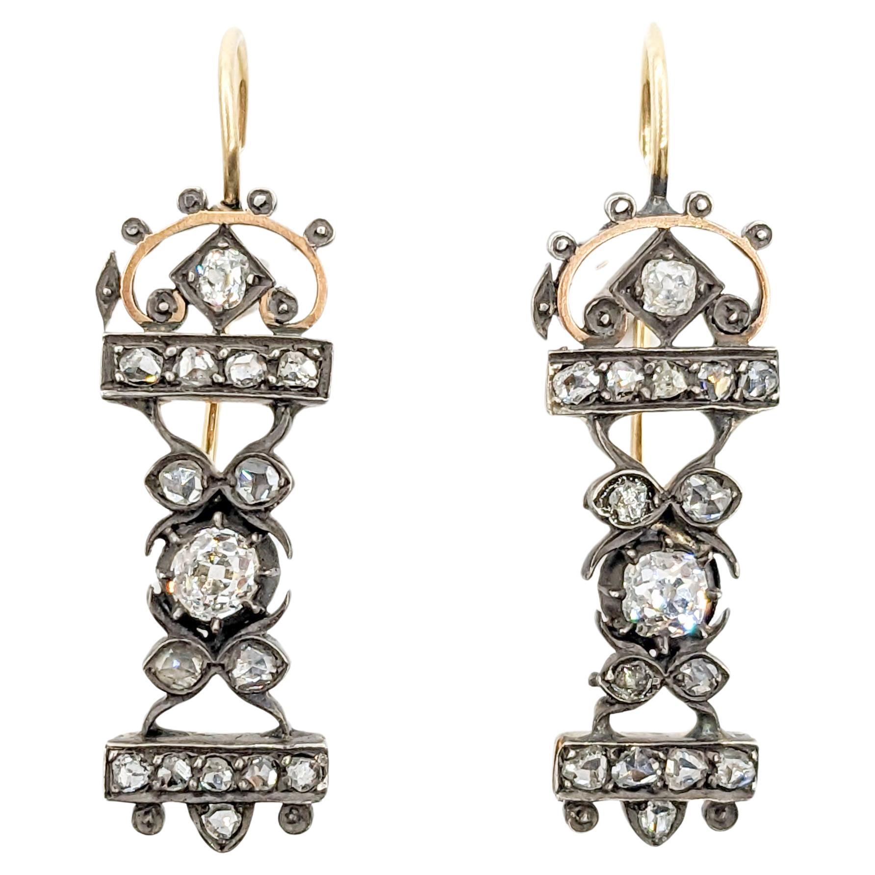 Antique 1.85ctw Diamond Earrings In 14kt Gold & Sterling silver For Sale