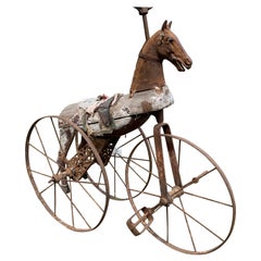 Antique 1860 Childrens Tricycle Horse Glass Eyes Wood Metal Fabric