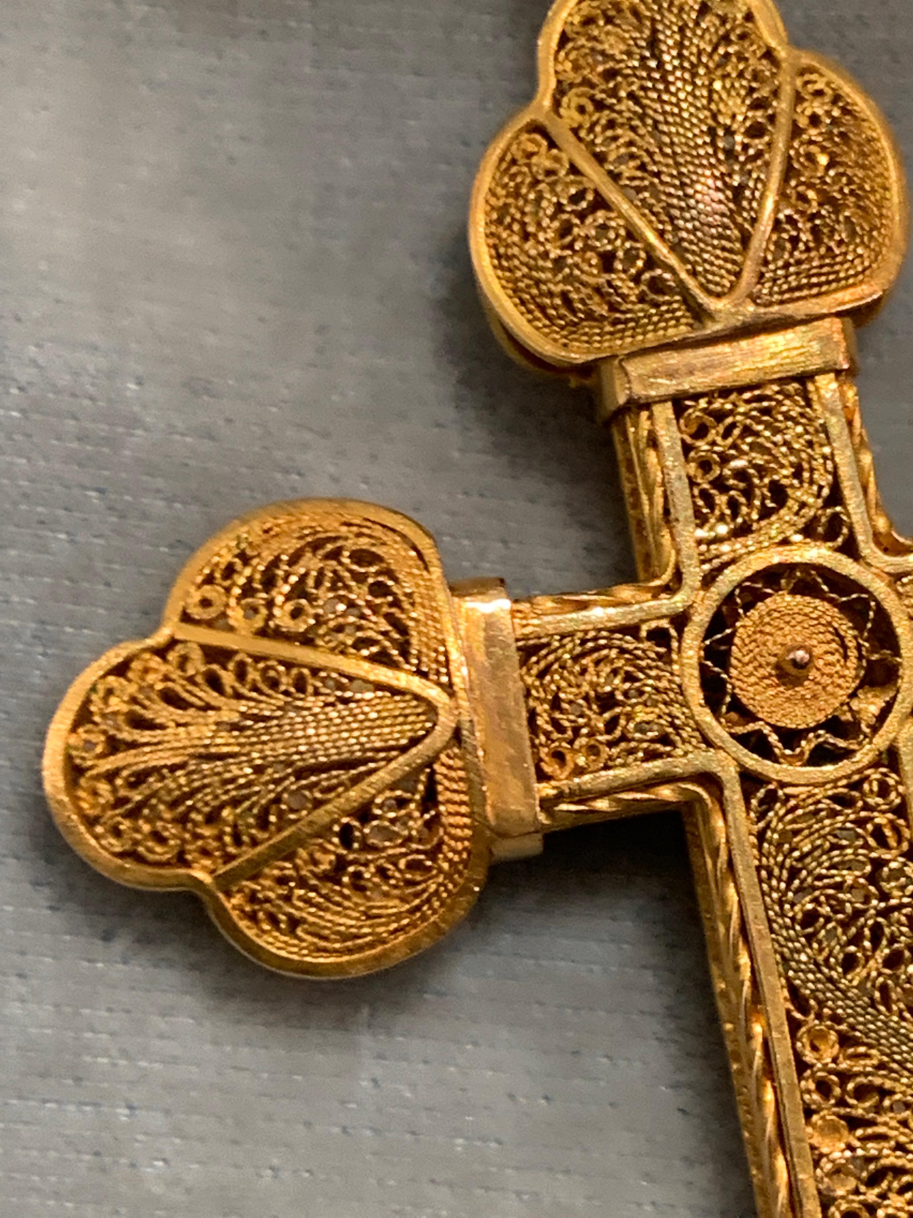 Antique 1860 Two Colour 14 Kt Gold Filigree Cross Pendant Necklace Italy, Genova 2