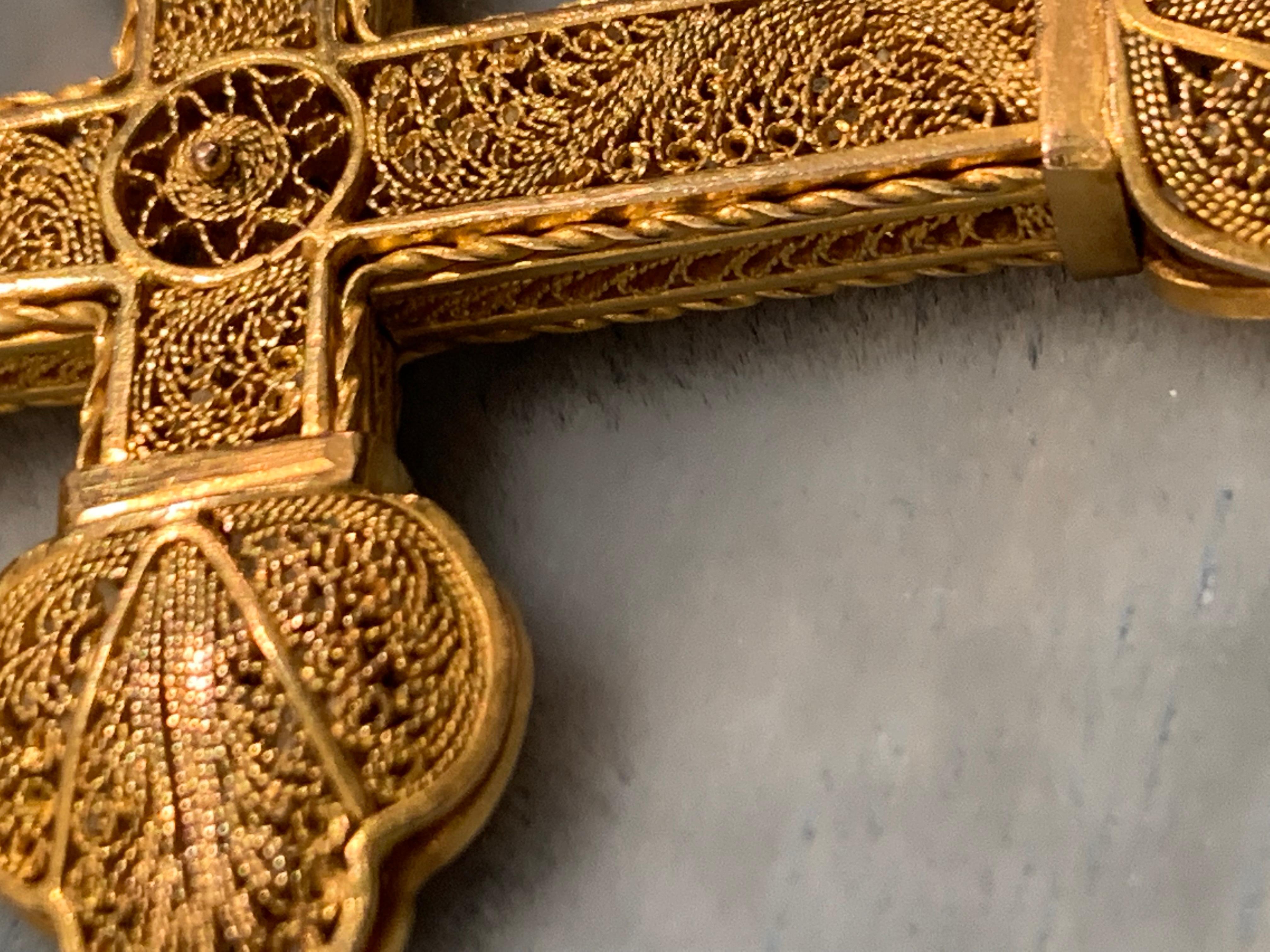 Antique 1860 Two Colour 14 Kt Gold Filigree Cross Pendant Necklace Italy, Genova 3