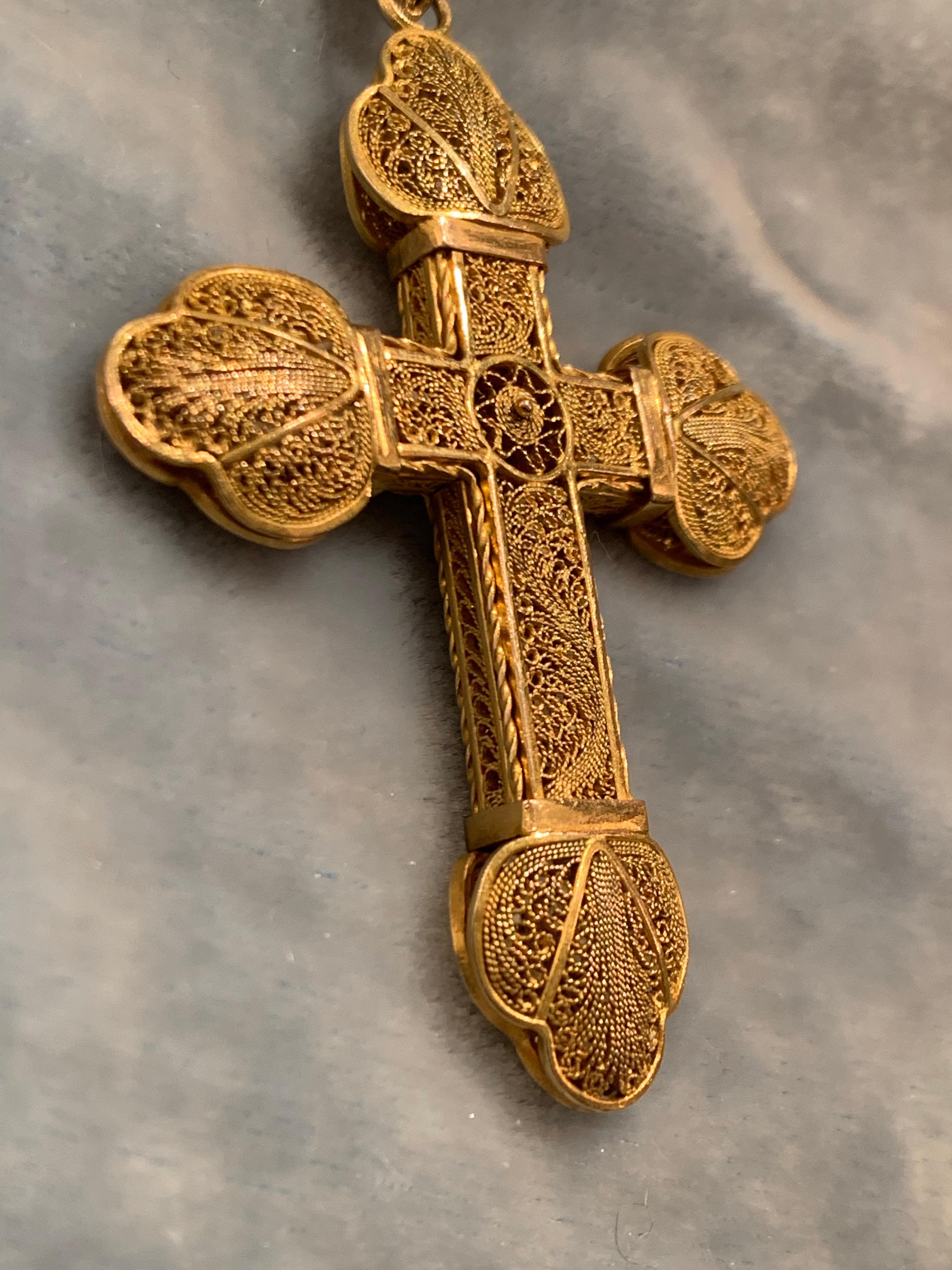 Antique 1860 Two Colour 14 Kt Gold Filigree Cross Pendant Necklace Italy, Genova 4