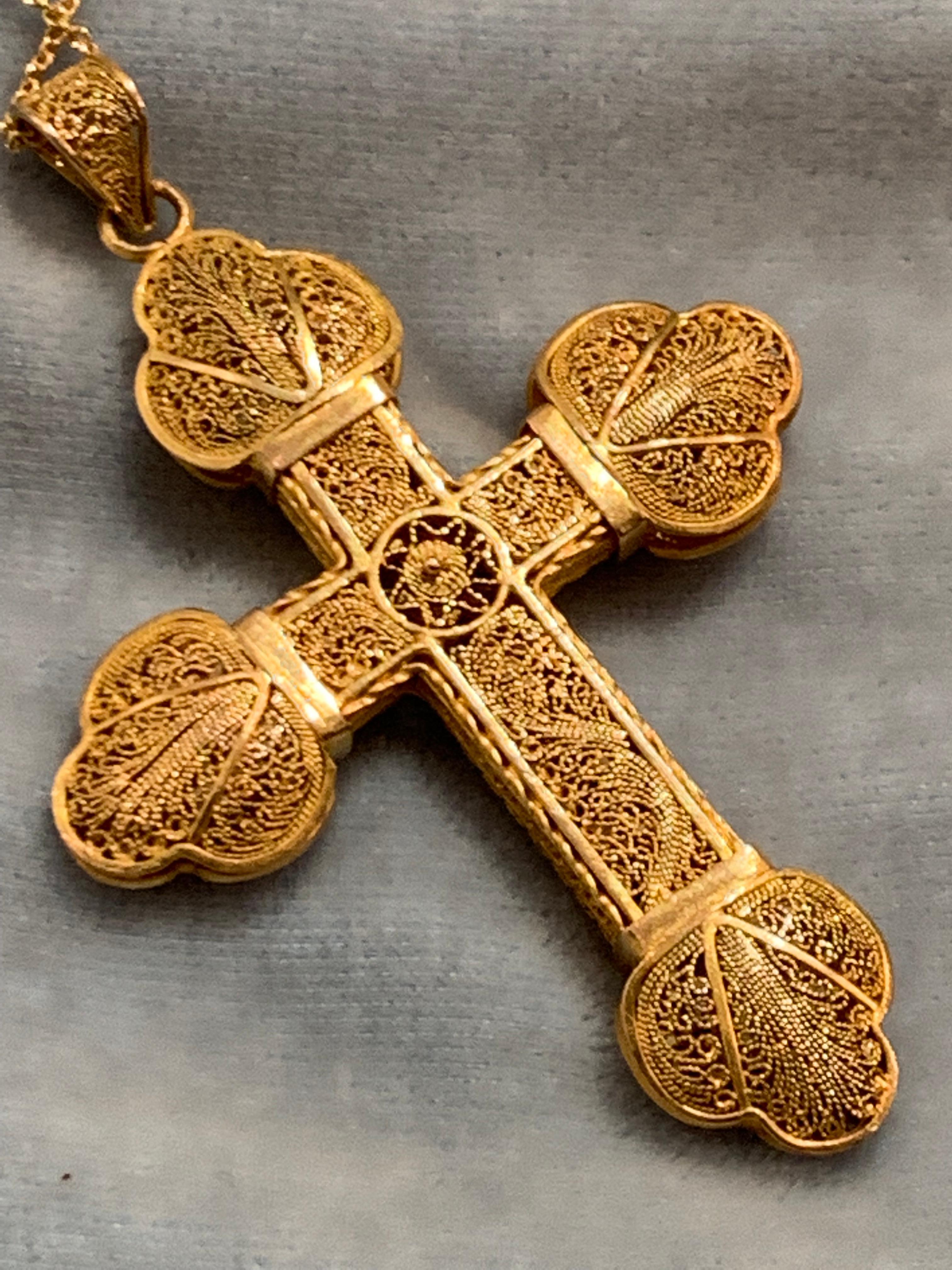 Antique 1860 Two Colour 14 Kt Gold Filigree Cross Pendant Necklace Italy, Genova 5