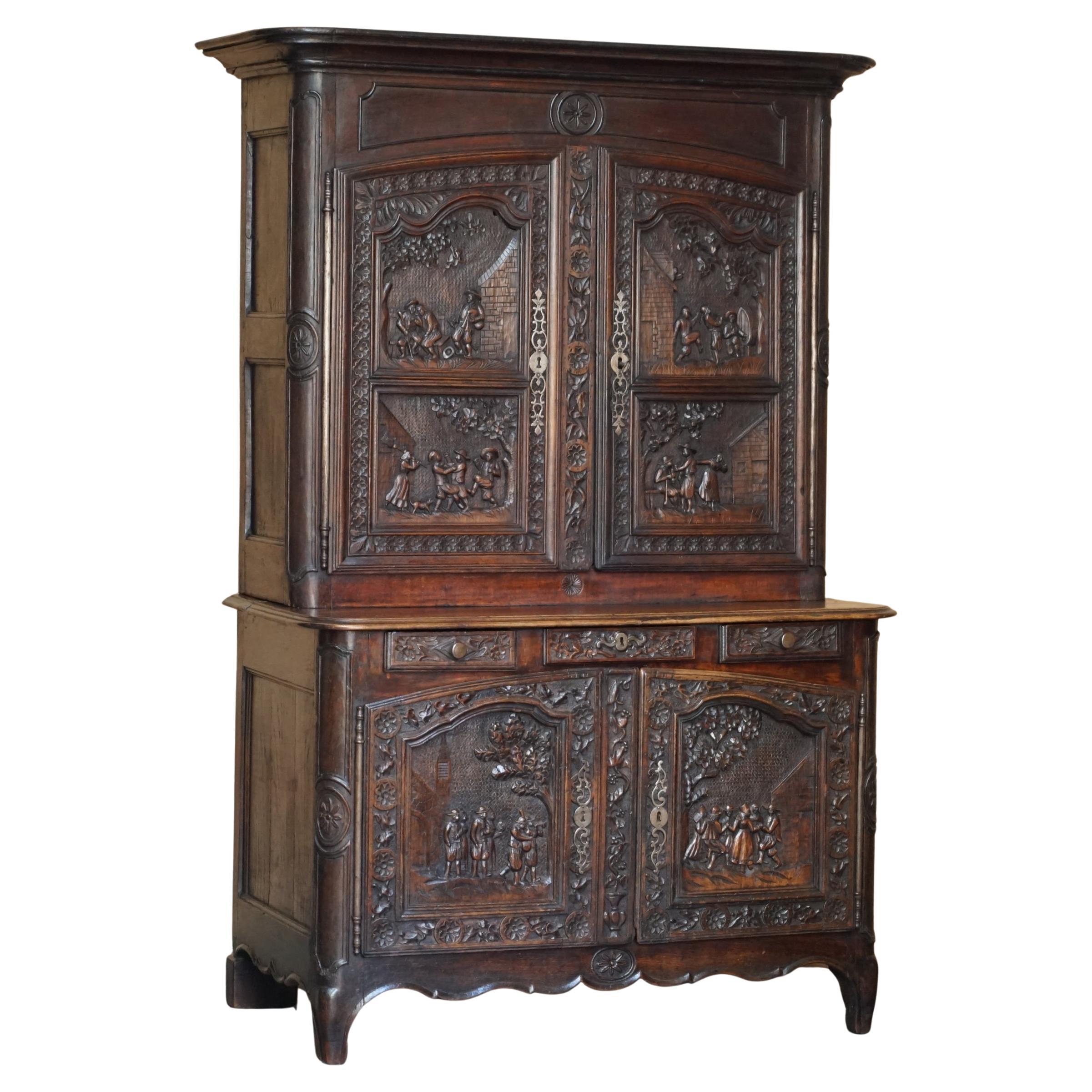 ANTIQUE 1860 ORNATELY HAND CARVED DUTCH HOUSEKEEPERS LINEN OR KiTCHEN CUPBOARD For Sale