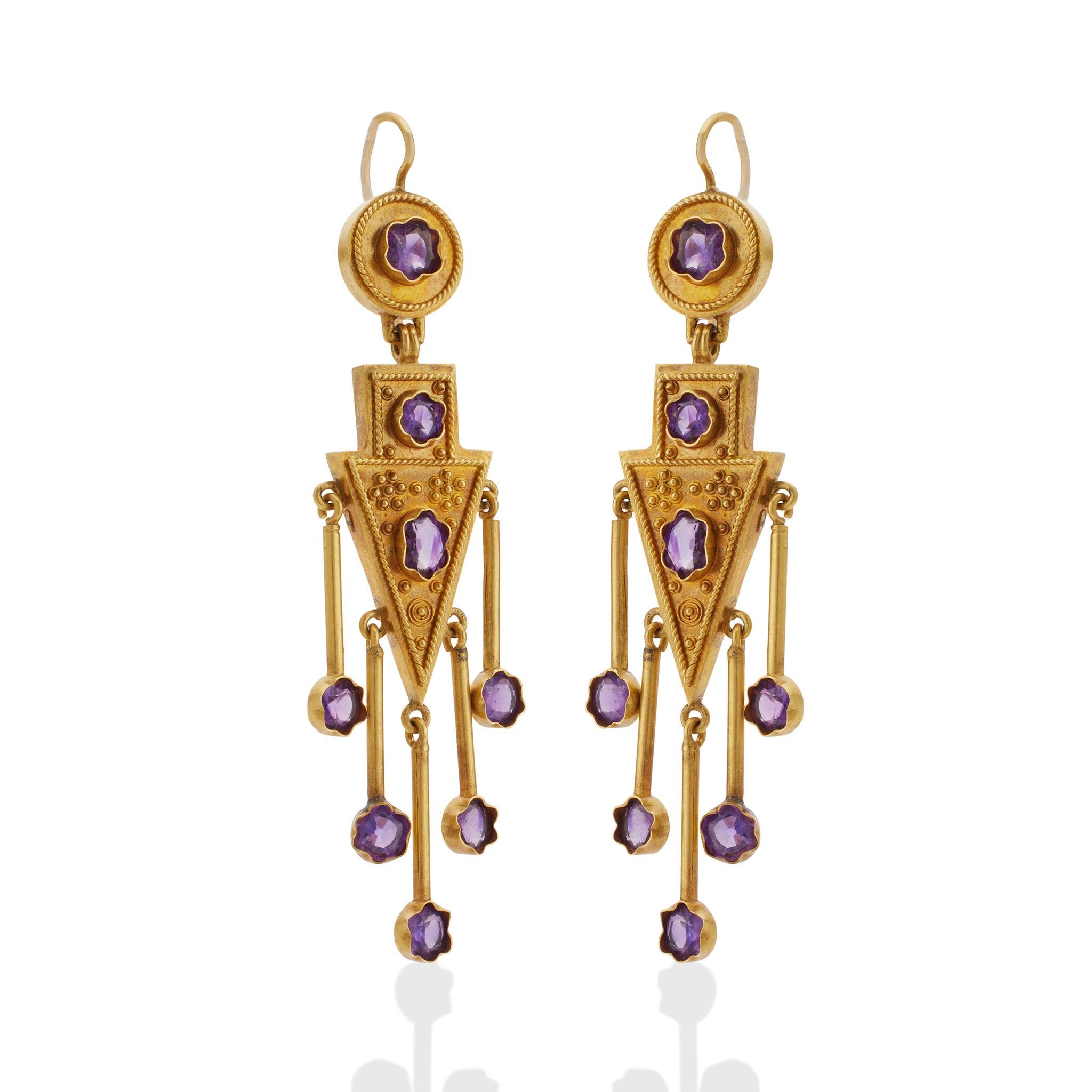 Round Cut Antique 1860s Amethyst Fringe Earrings For Sale