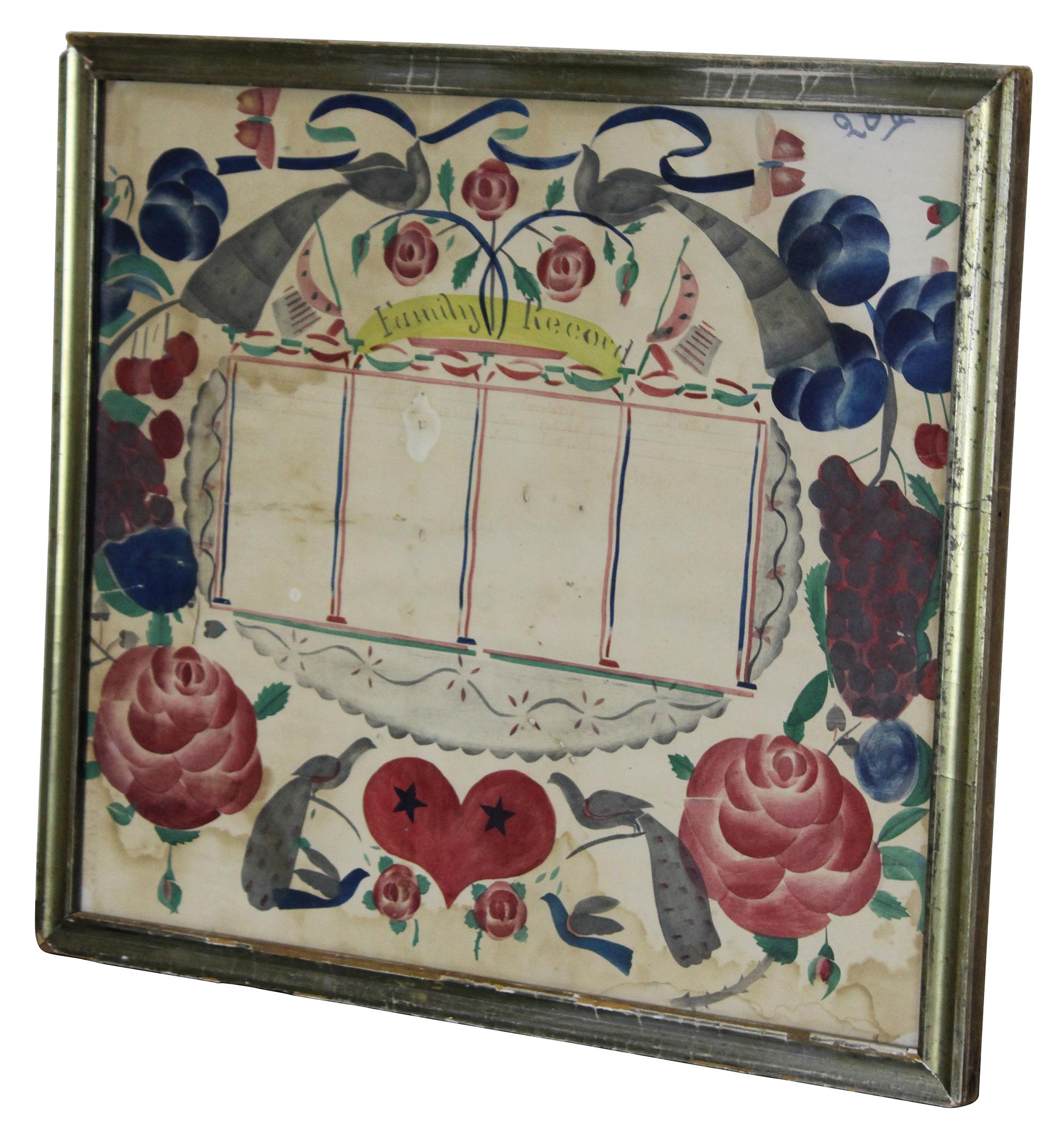 Antique 1860s Early Americana Folk Art Fraktur Pennsylvania Dutch Family Record In Good Condition In Dayton, OH