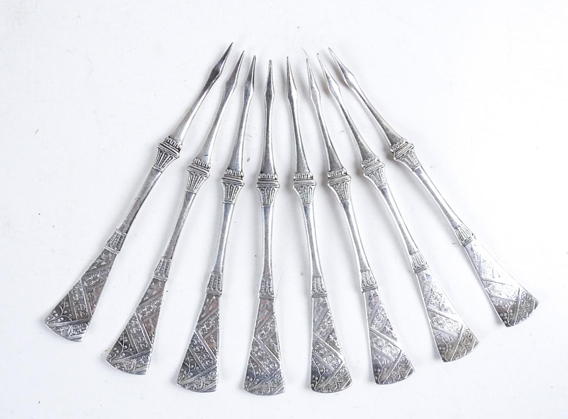 American Antique 1860s Silverplate Aesthetic Movement Nut Cheese Picks - Set of 8 For Sale