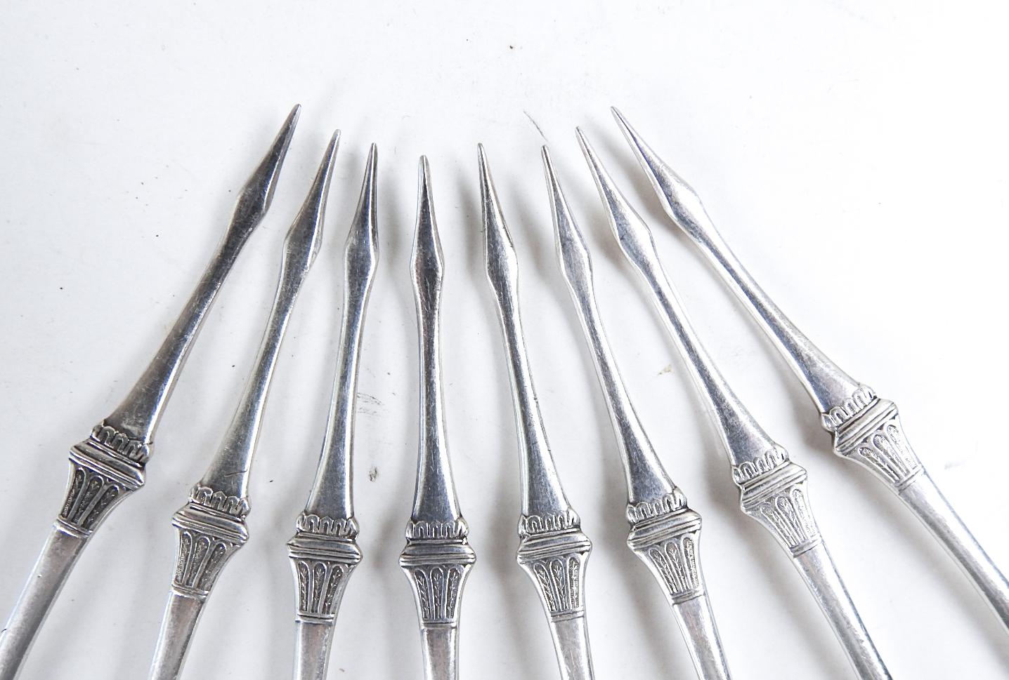 Antique 1860s Silverplate Aesthetic Movement Nut Cheese Picks - Set of 8 In Good Condition For Sale In Seguin, TX