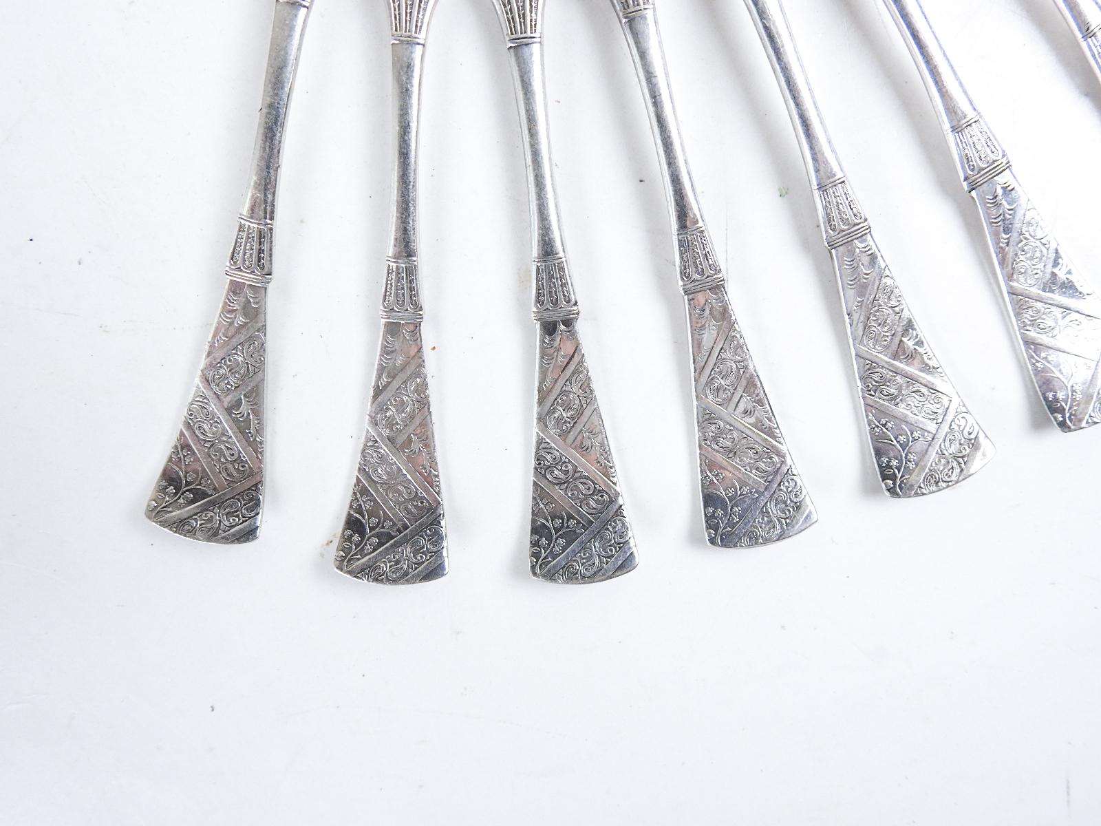 Silver Plate Antique 1860s Silverplate Aesthetic Movement Nut Cheese Picks - Set of 8 For Sale