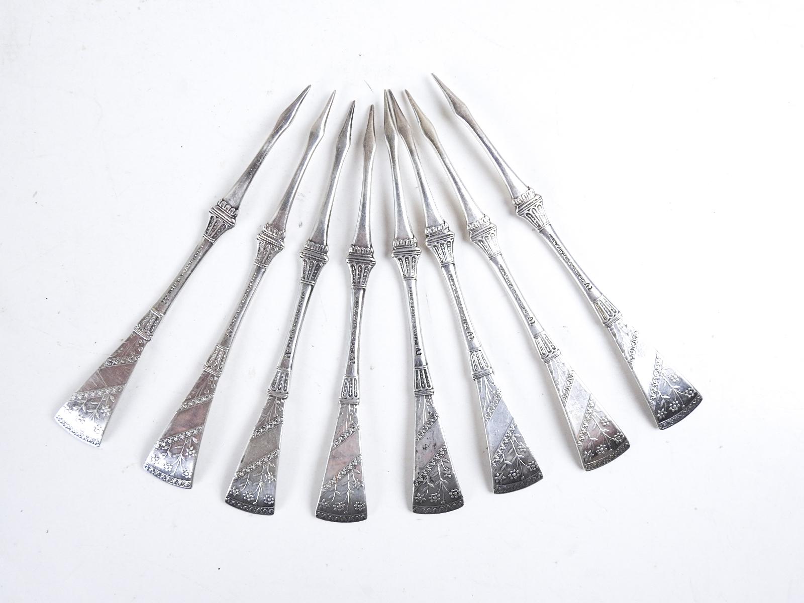 Antique 1860s Silverplate Aesthetic Movement Nut Cheese Picks - Set of 8 For Sale 1