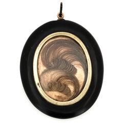 Antique 1860s Victorian Jet Mourning Hairwork Pendant Necklace