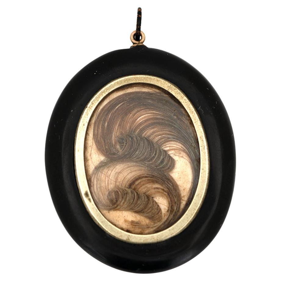 Antique 1860s Victorian Jet Mourning Hairwork Pendant Necklace