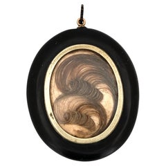 Antique 1860s Victorian Jet Mourning Hairwork Pendant Necklace