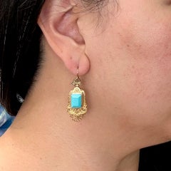Antique 1860's Victorian Turquoise Drop Earrings 14k Yellow Gold