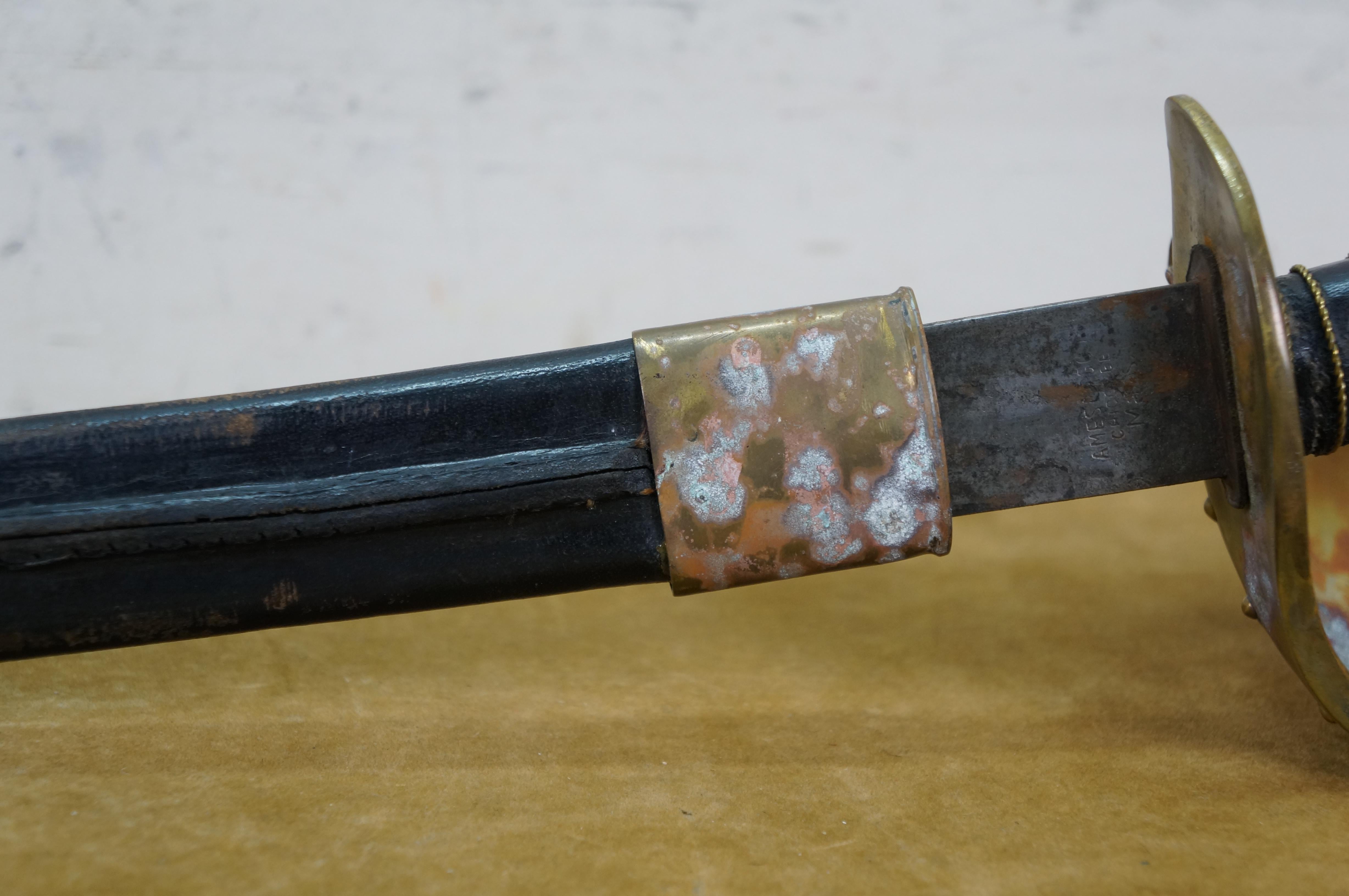 Antique 1862 Ames US Navy Civil War Cutlass Sword Leather Scabbard M1860 33