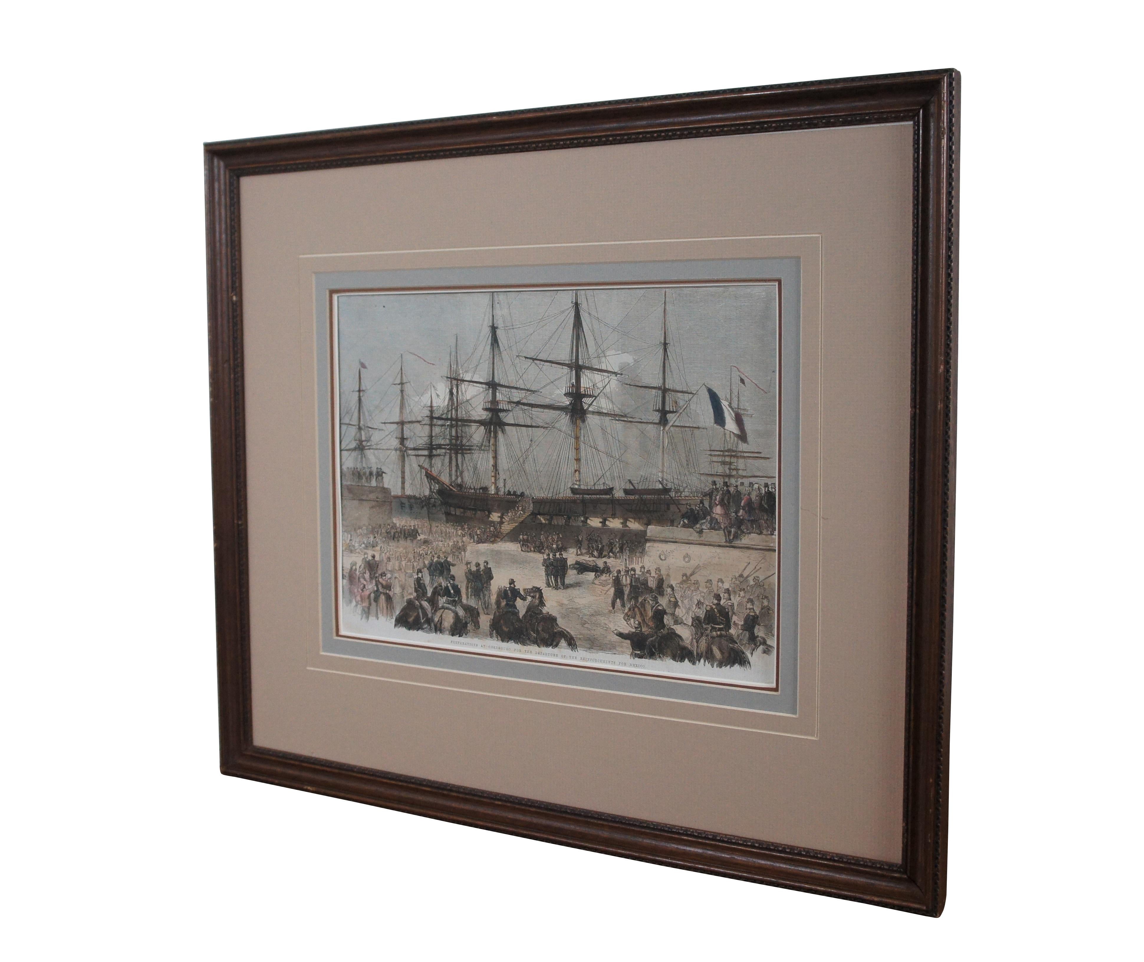 Late 19th century hand colored nautical engraving depicting military 