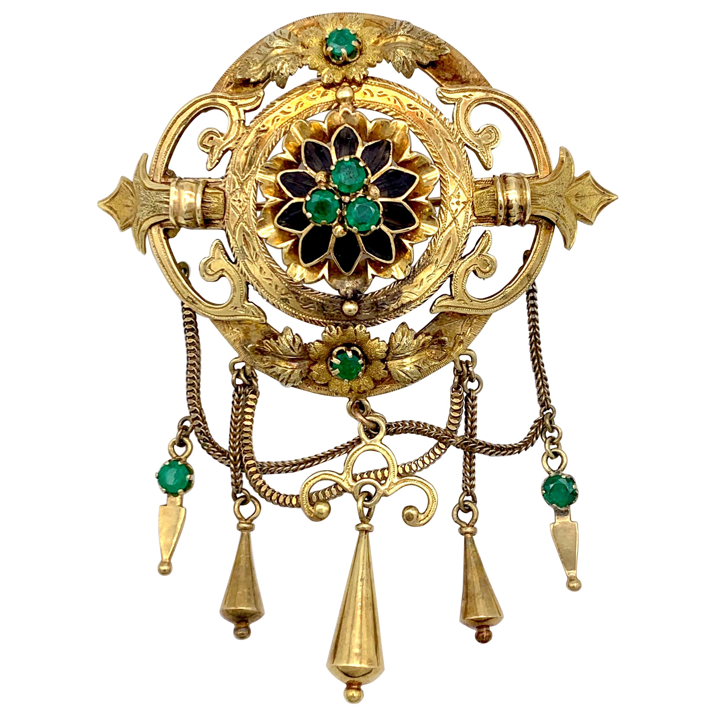 Antique 1865 Gothic Revival Brooch Emerald Wood 14 Karat Two Color Gold, Italy