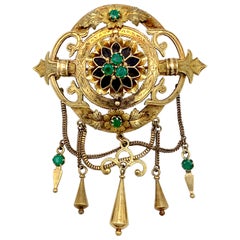 Antique 1865 Gothic Revival Brooch Emerald Wood 14 Karat Two Color Gold, Italy