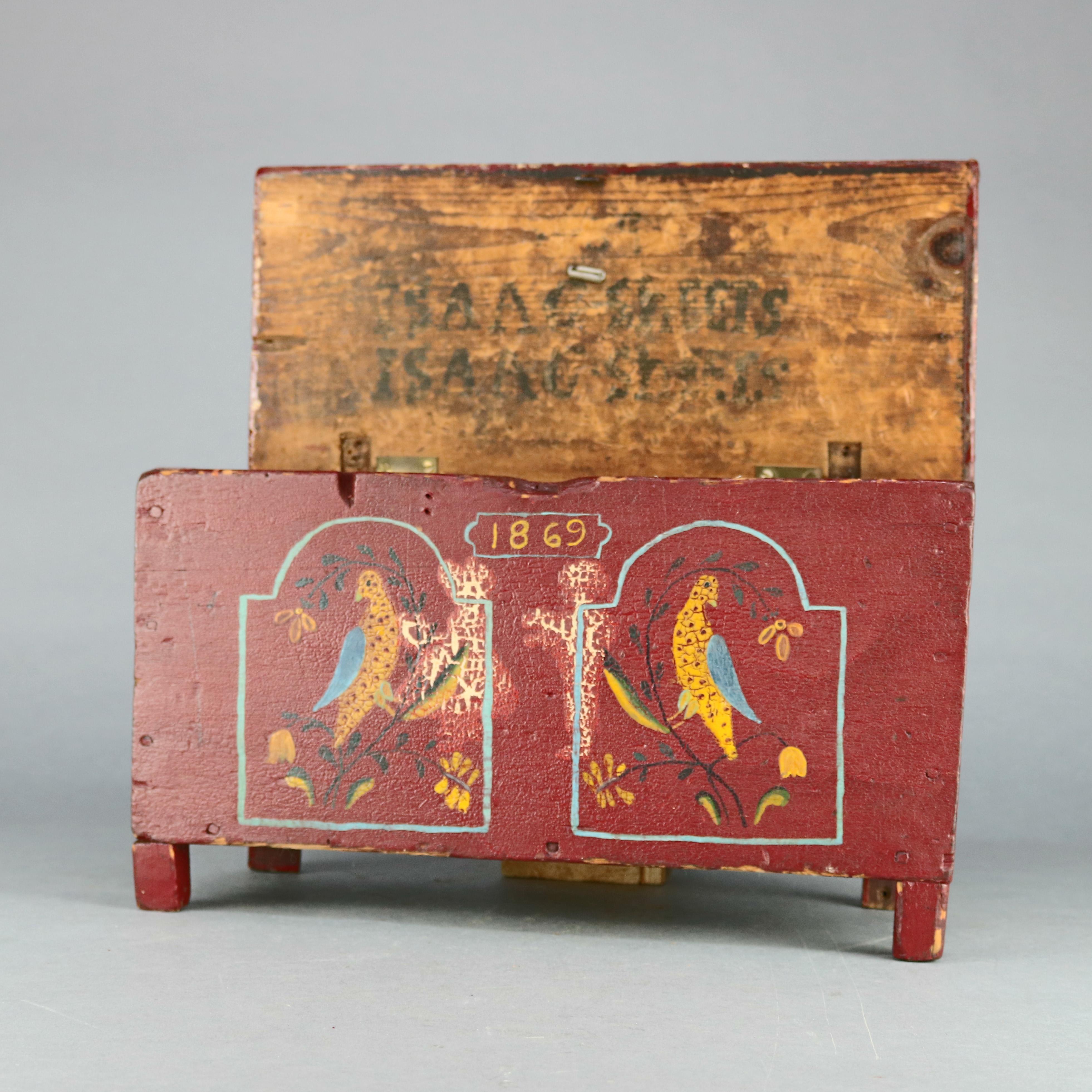 An antique German folk art miniature paint decorated blanket chest offers front with reserves of birds and dated 1869 with top having flowers, possibly Lancaster Pennsylvania Dutch, chest and painting of 19th century (latter half).

Measures: 10.5