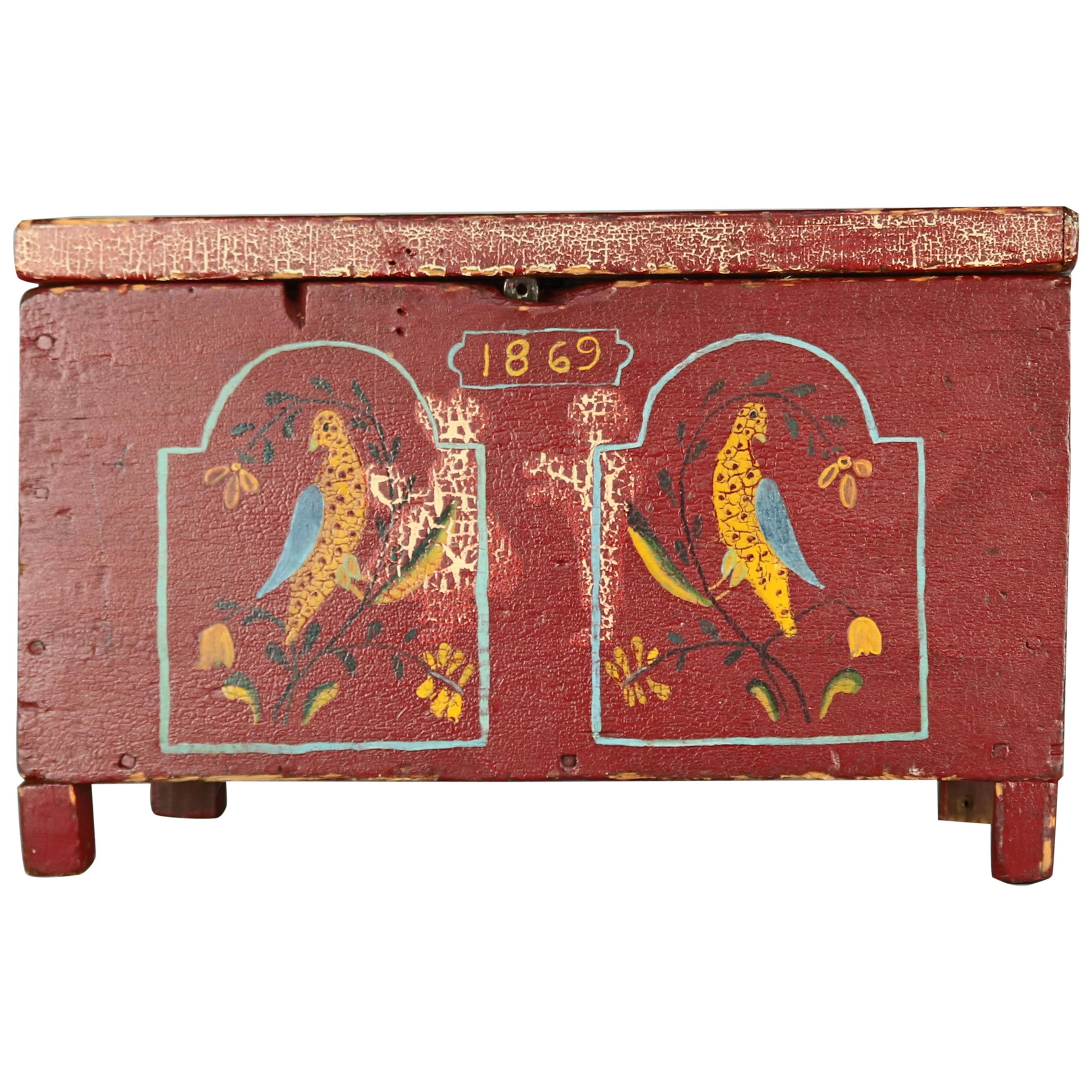 Antique 1869 German Folk Art Hand Decorated Miniature Blanket Chest 19th Century