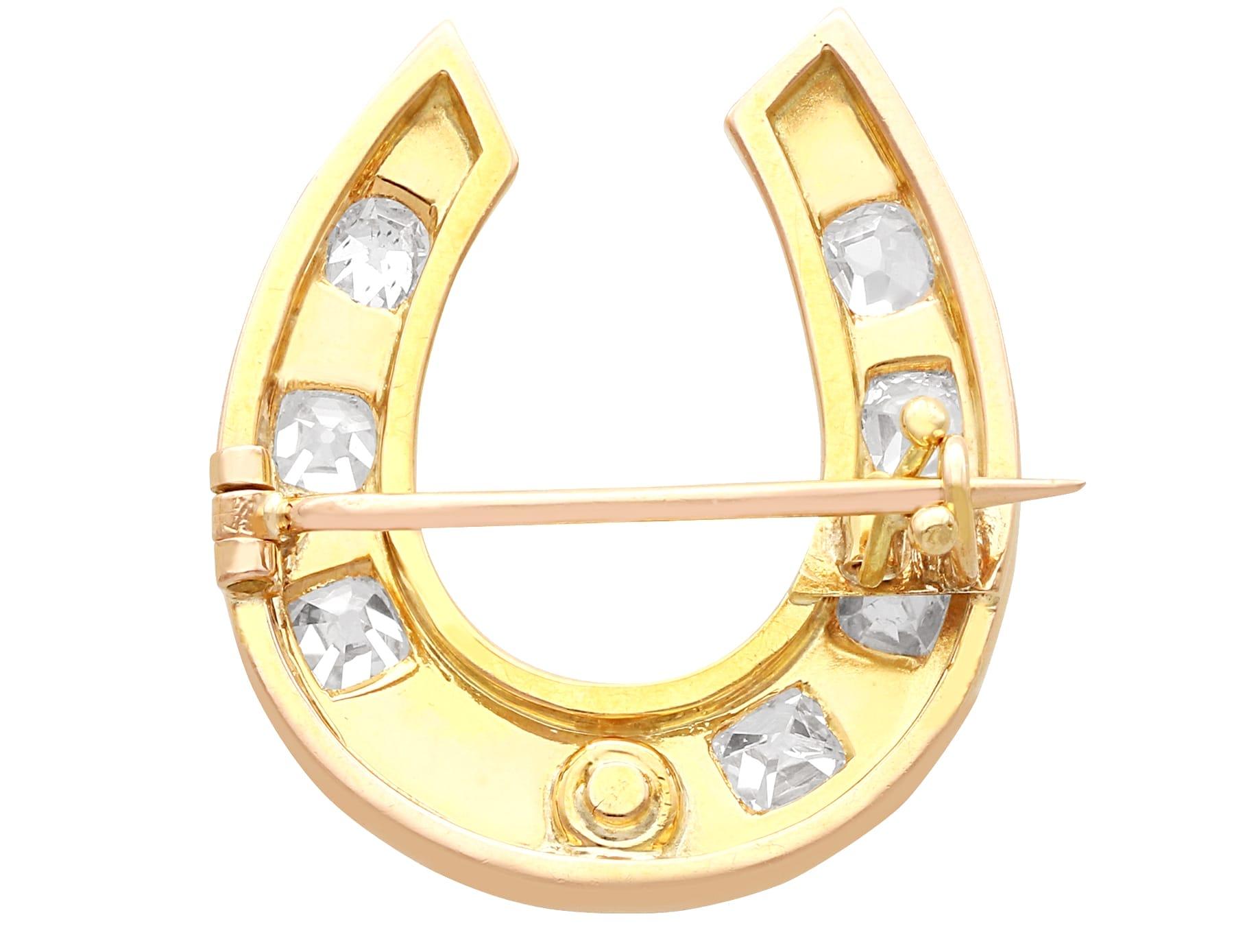 Women's or Men's Antique 1.86Ct Diamond and 18k Yellow Gold Horseshoe Brooch