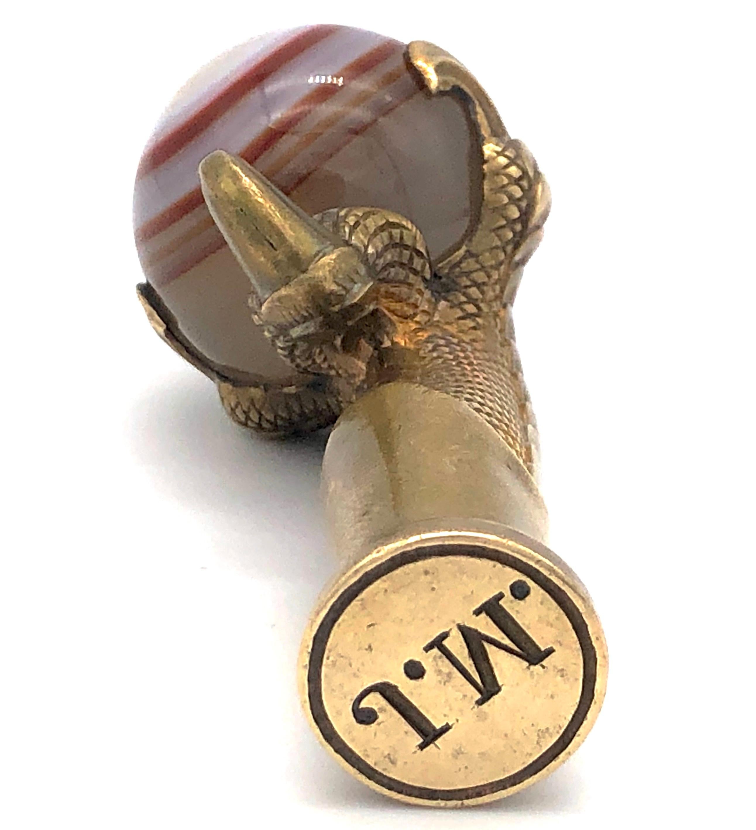 Antique 1870 Bird of Prey Raptor Claw Seal Initial JM Banded Agate Gilt